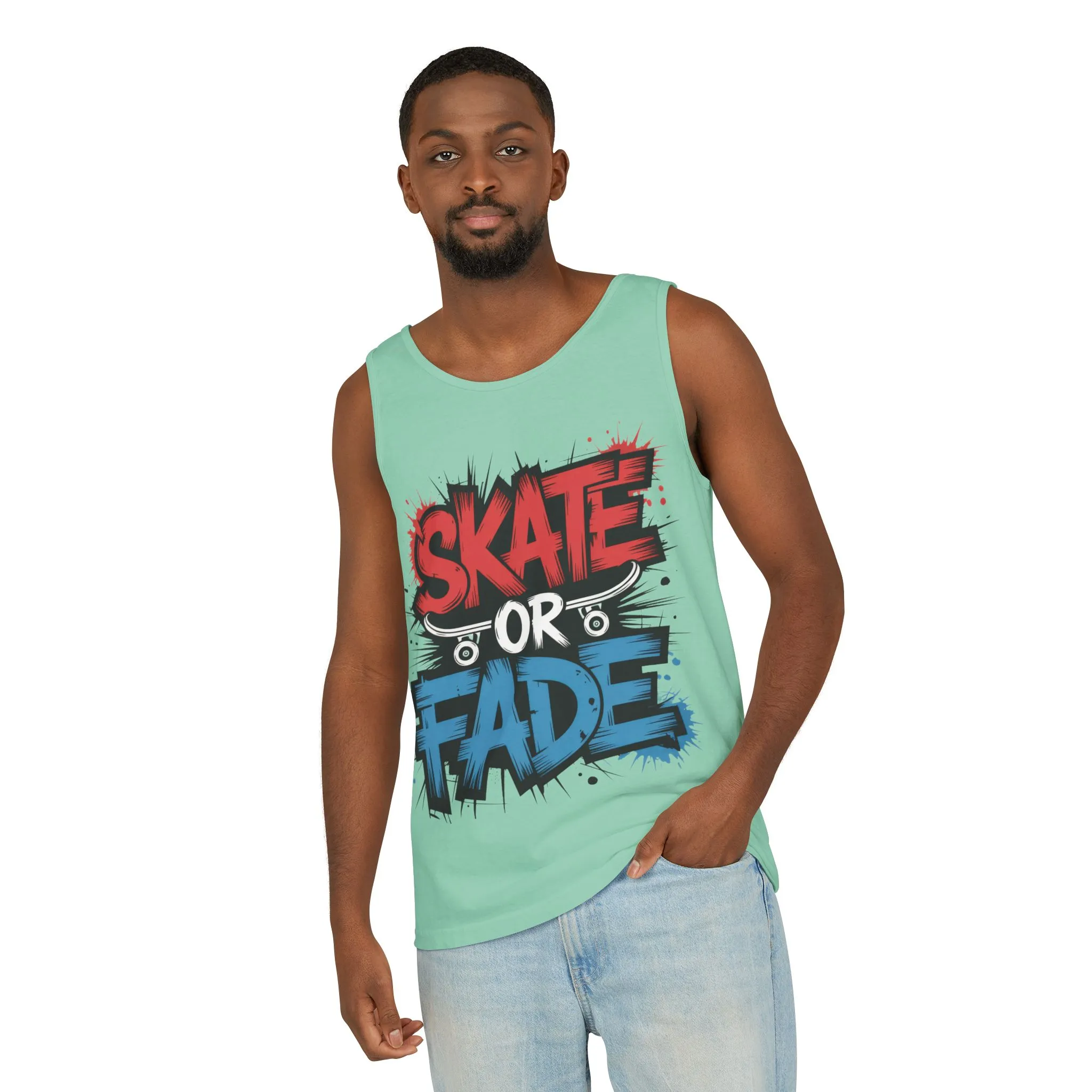 Skate Or Fade Men's Tank Top, Graffiti Skateboard Graphic Muscle Shirt, Urban Streetwear Sleeveless Top, Men's Garment-Dyed Tank Top - Image 7