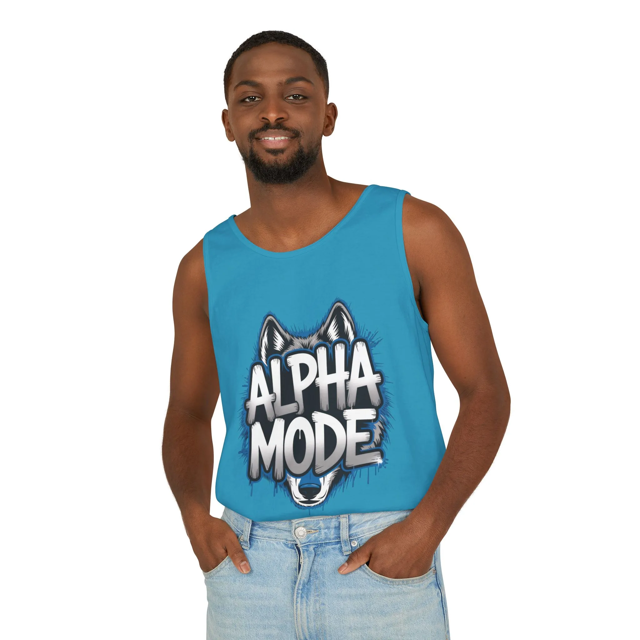 Mens Garment-Dyed Tank Top, Alpha Mode Wolf Graphic Mens Tank Top Gym Wear - Image 3