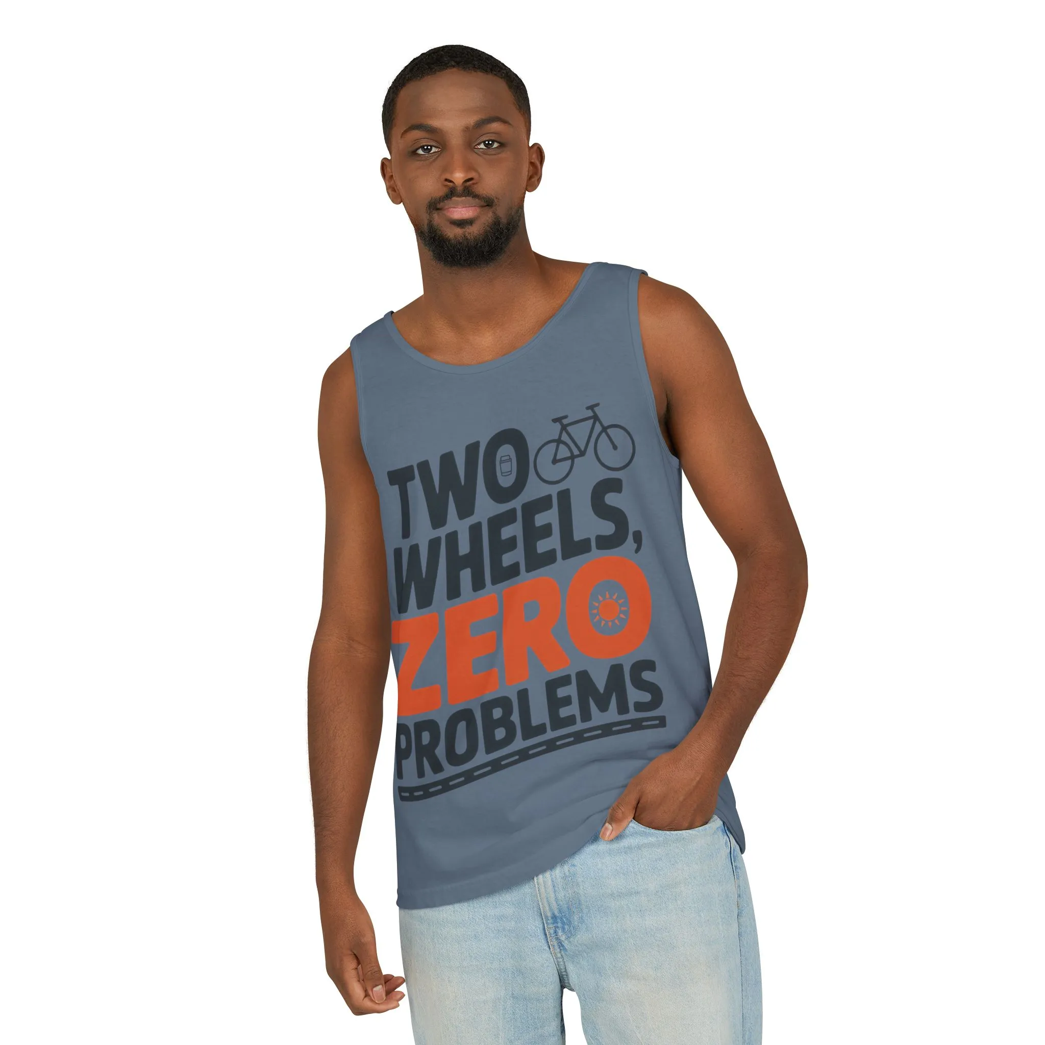 Mens Garment-Dyed Tank Top, Two Wheels Zero Problems Mens Cycling Graphic Tank, Gift for Cyclists - Image 16