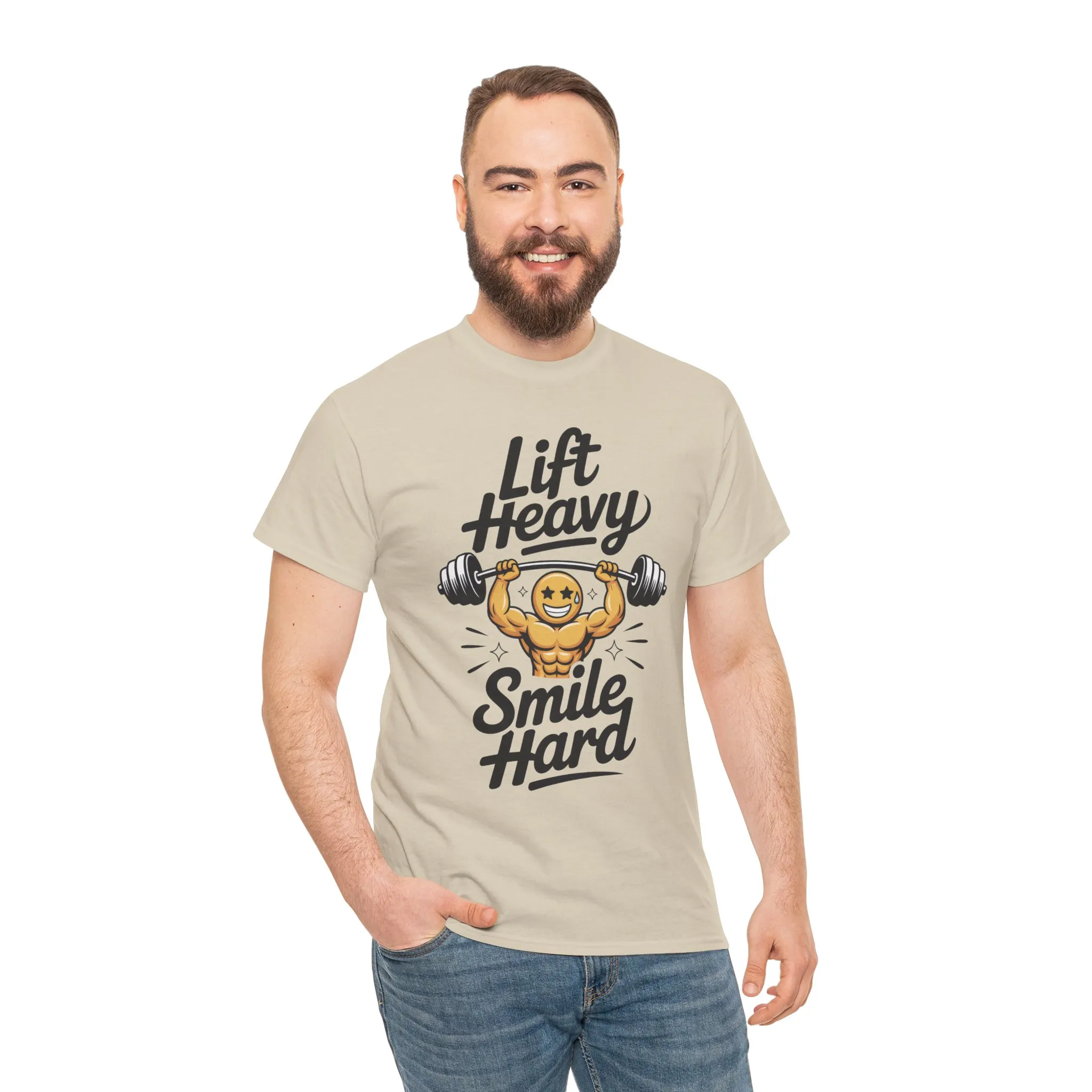 Mens Lift Heavy Smile Hard T-Shirt, Funny Gym Workout Graphic Tee, Mens Gym Tshirt - Image 5