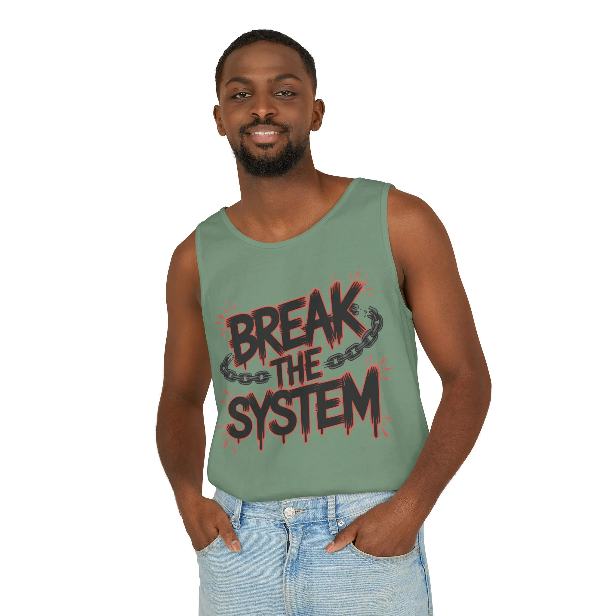 Men's Garment-Dyed Tank Top, Break the System Tank Top, Graphic Protest Muscle Tee, Streetwear Activist Summer Top - Image 15