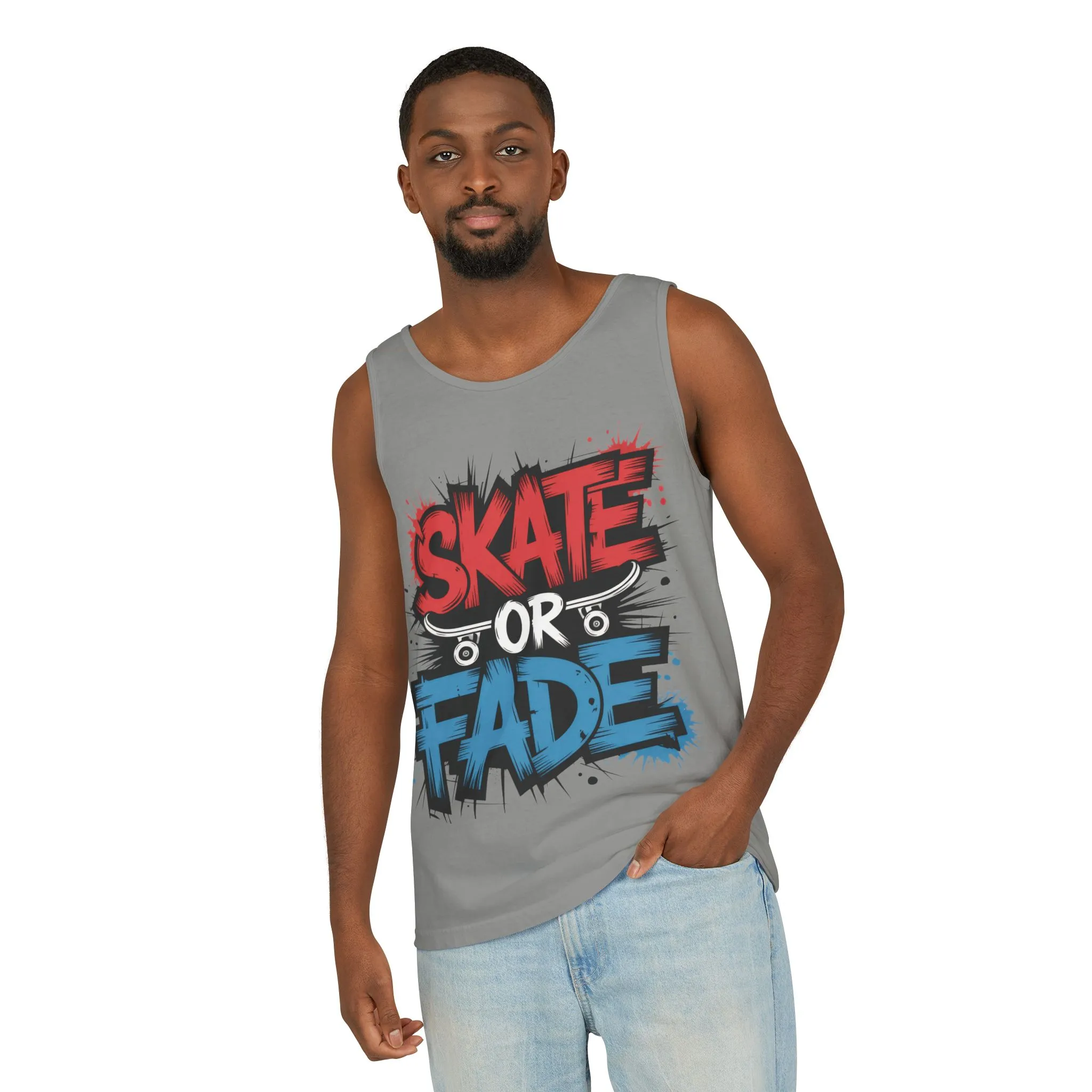 Skate Or Fade Men's Tank Top, Graffiti Skateboard Graphic Muscle Shirt, Urban Streetwear Sleeveless Top, Men's Garment-Dyed Tank Top - Image 17