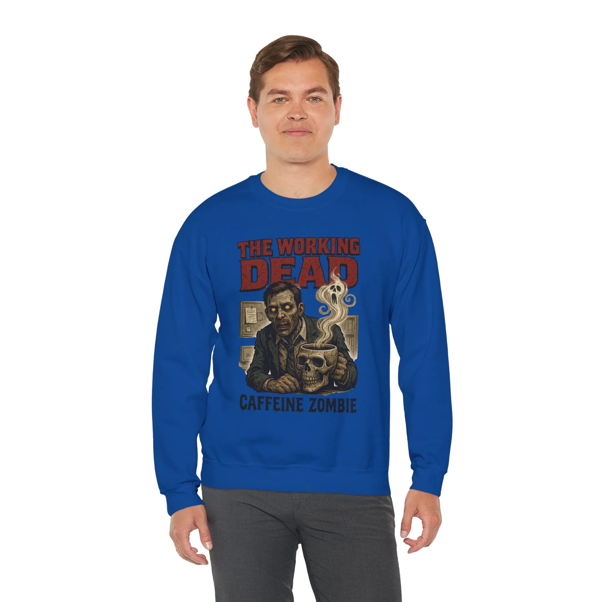 The Working Dead Men's Funny Zombie Sweatshirt, Office Humor Crewneck, Halloween Zombie Top, Coffee Zombie Sweatshirt - Image 24