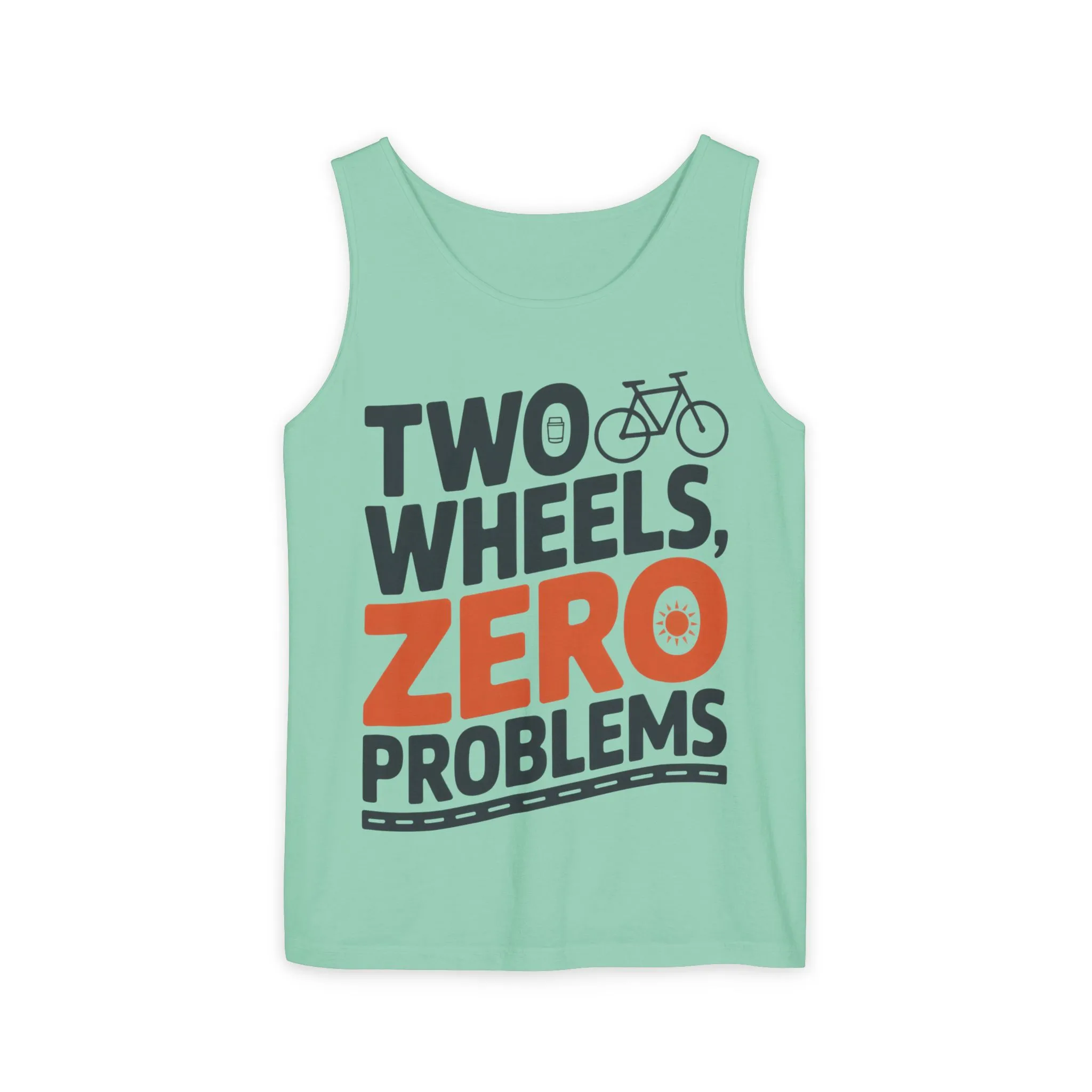 Mens Garment-Dyed Tank Top, Two Wheels Zero Problems Mens Cycling Graphic Tank, Gift for Cyclists - Image 7