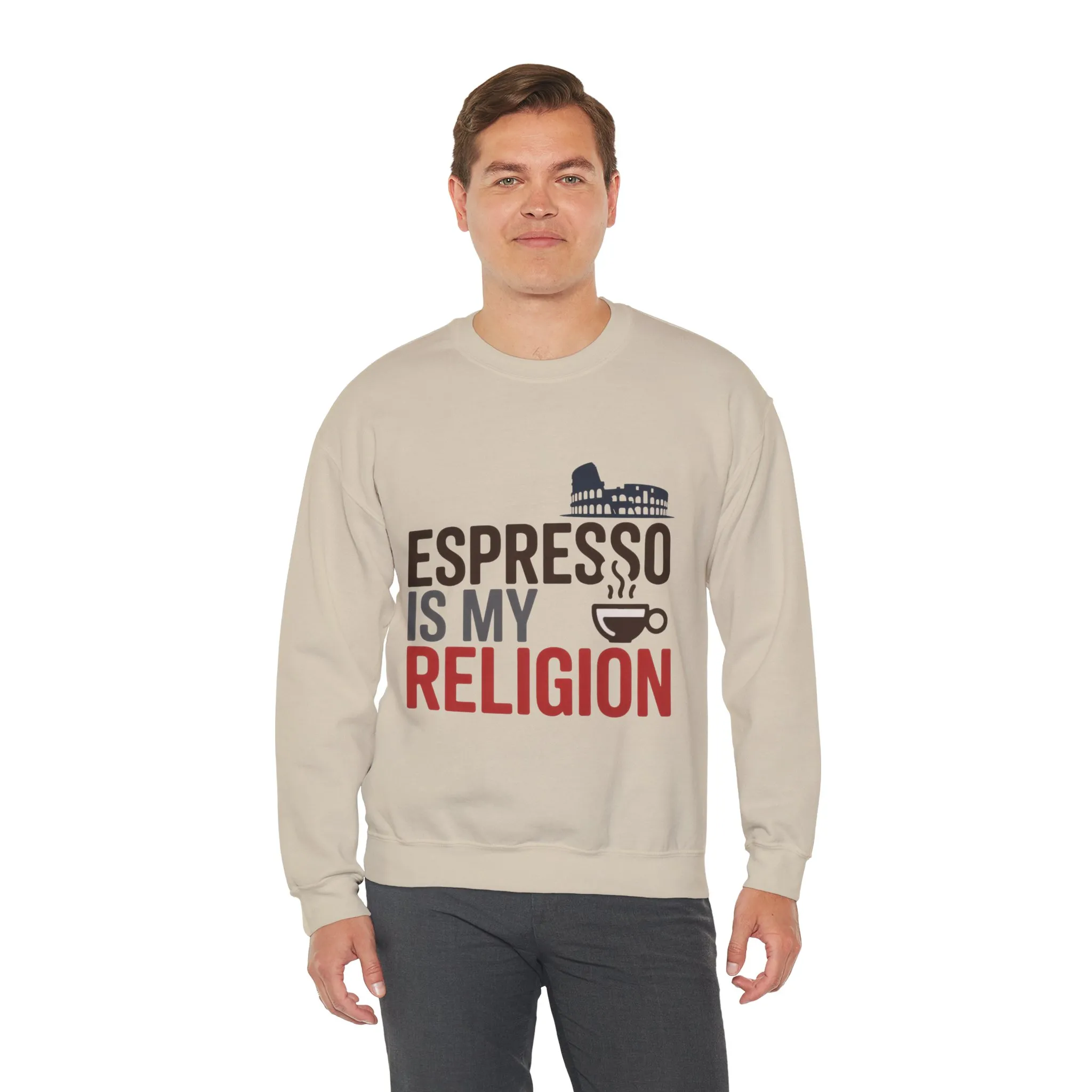 Mens Heavy Blend™ Crewneck Sweatshirt, Espresso Is My Religion Coffee Rome Mens Sweatshirt, Barista Gift, Coffee Lover Gift - Image 3