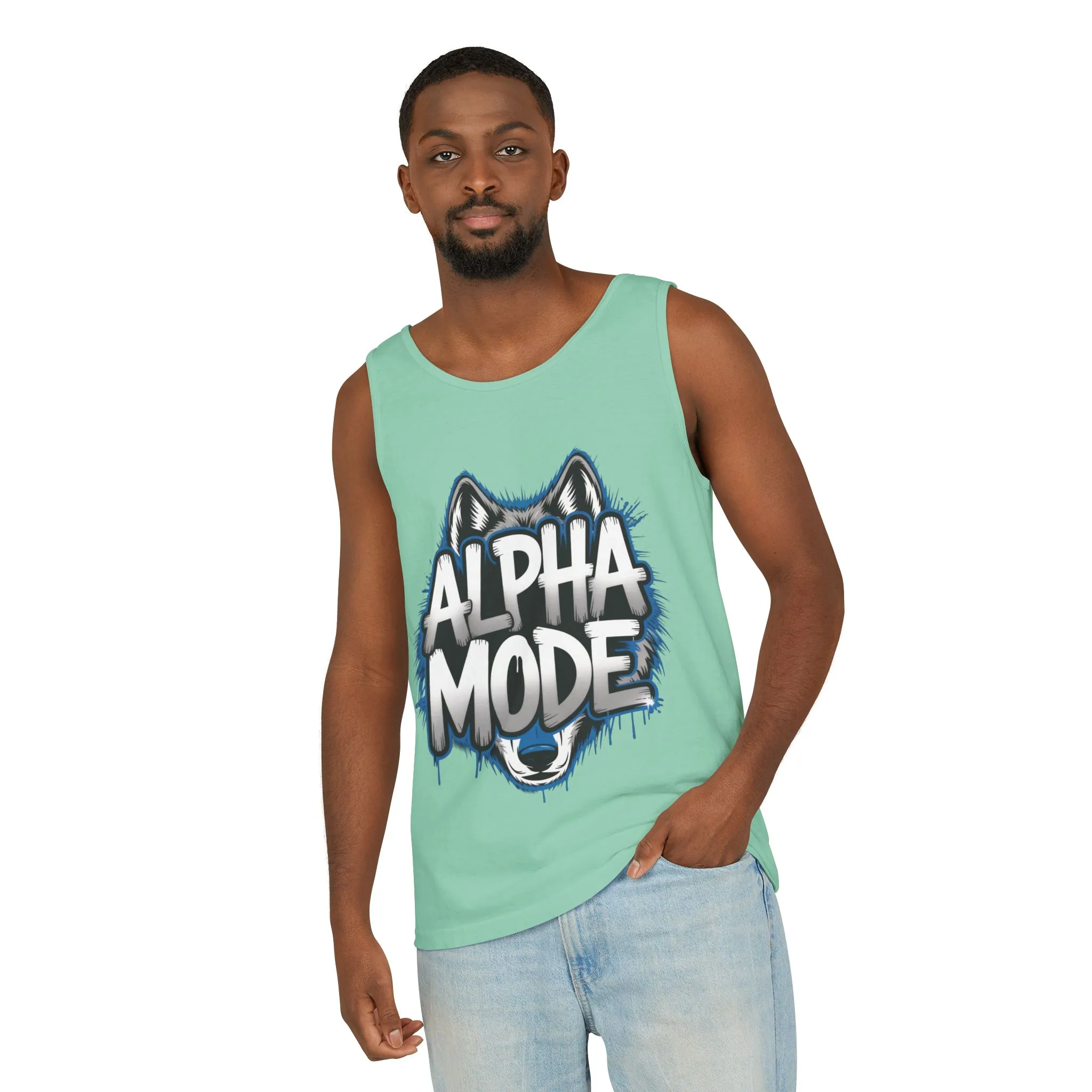Mens Garment-Dyed Tank Top, Alpha Mode Wolf Graphic Mens Tank Top Gym Wear - Image 32