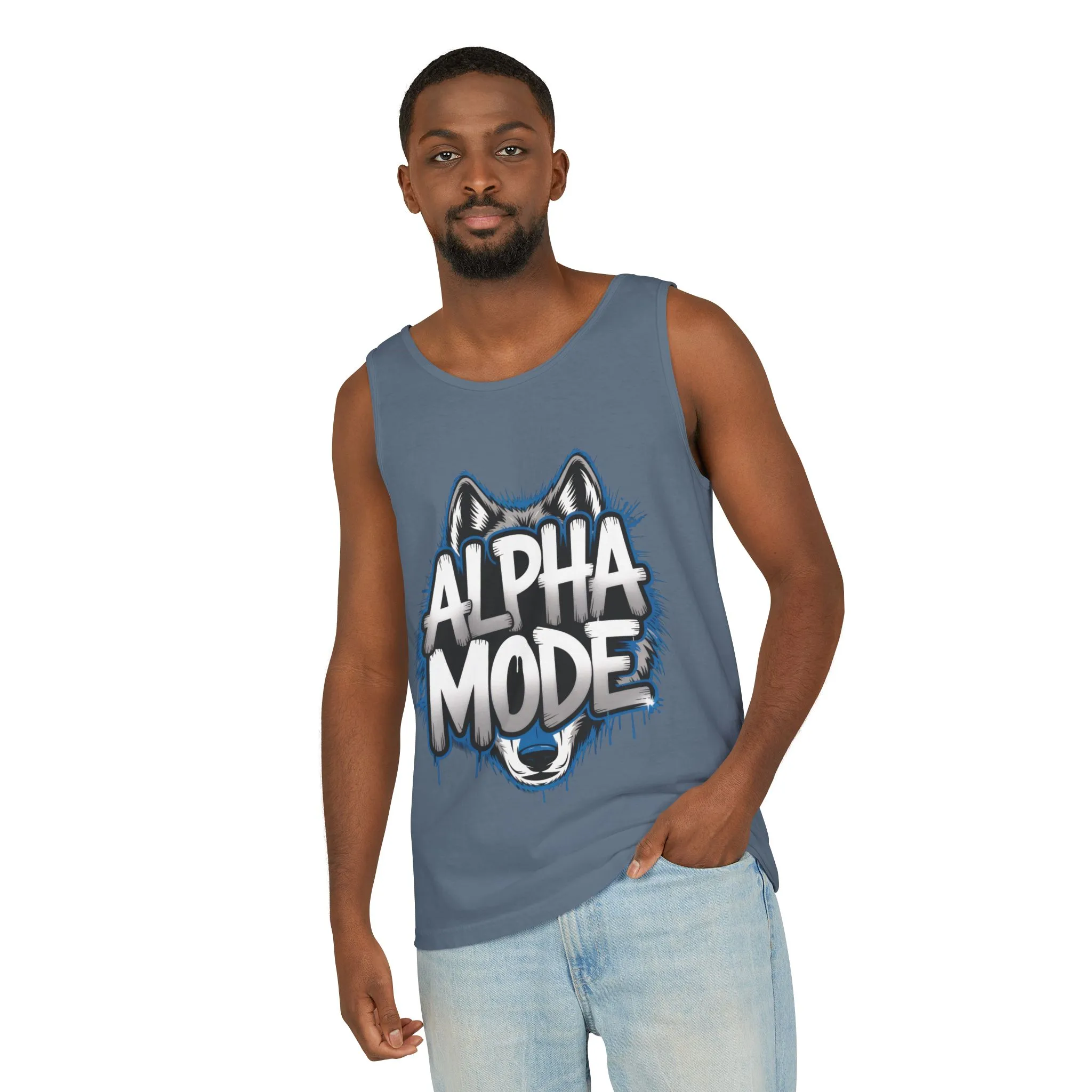 Mens Garment-Dyed Tank Top, Alpha Mode Wolf Graphic Mens Tank Top Gym Wear - Image 14