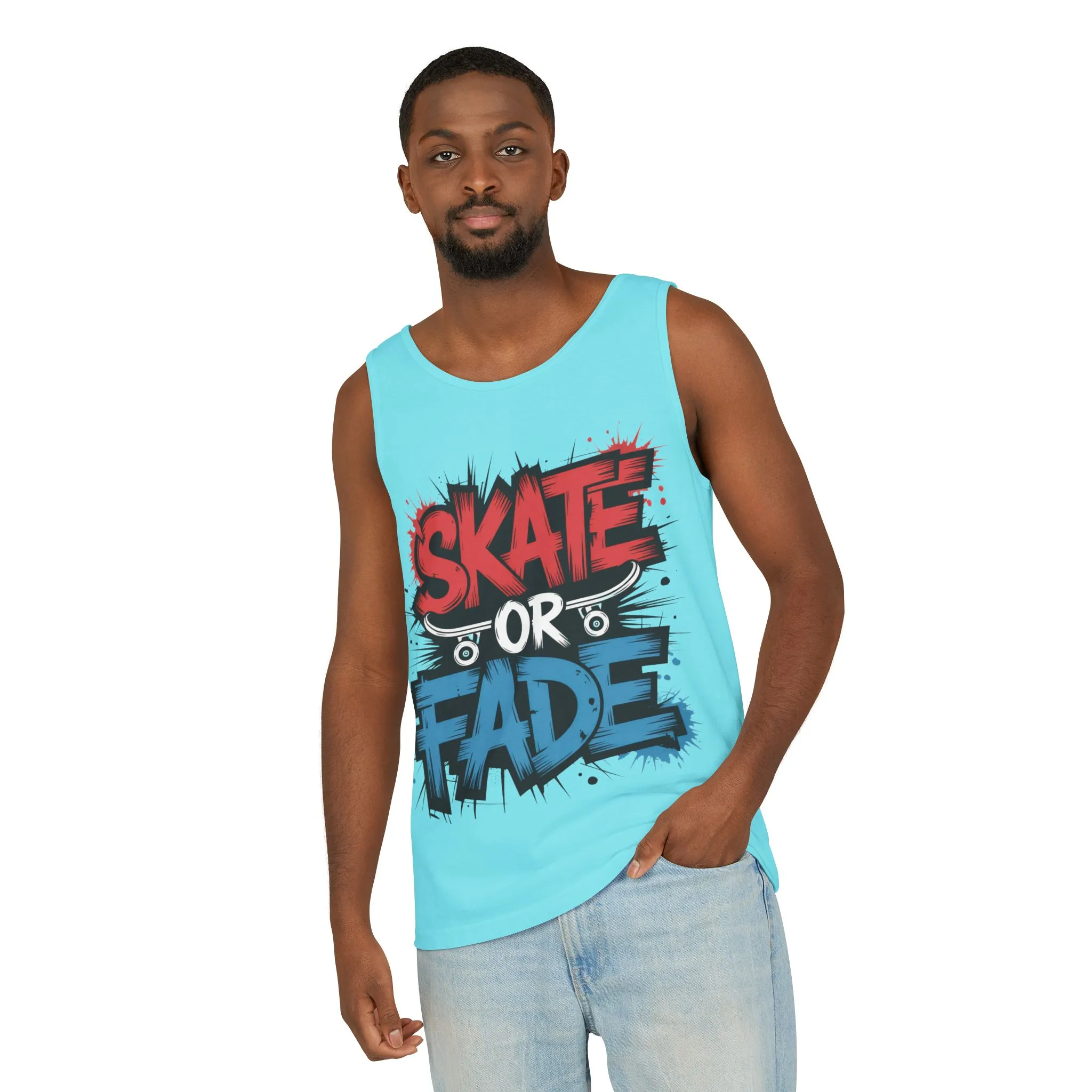 Skate Or Fade Men's Tank Top, Graffiti Skateboard Graphic Muscle Shirt, Urban Streetwear Sleeveless Top, Men's Garment-Dyed Tank Top - Image 11
