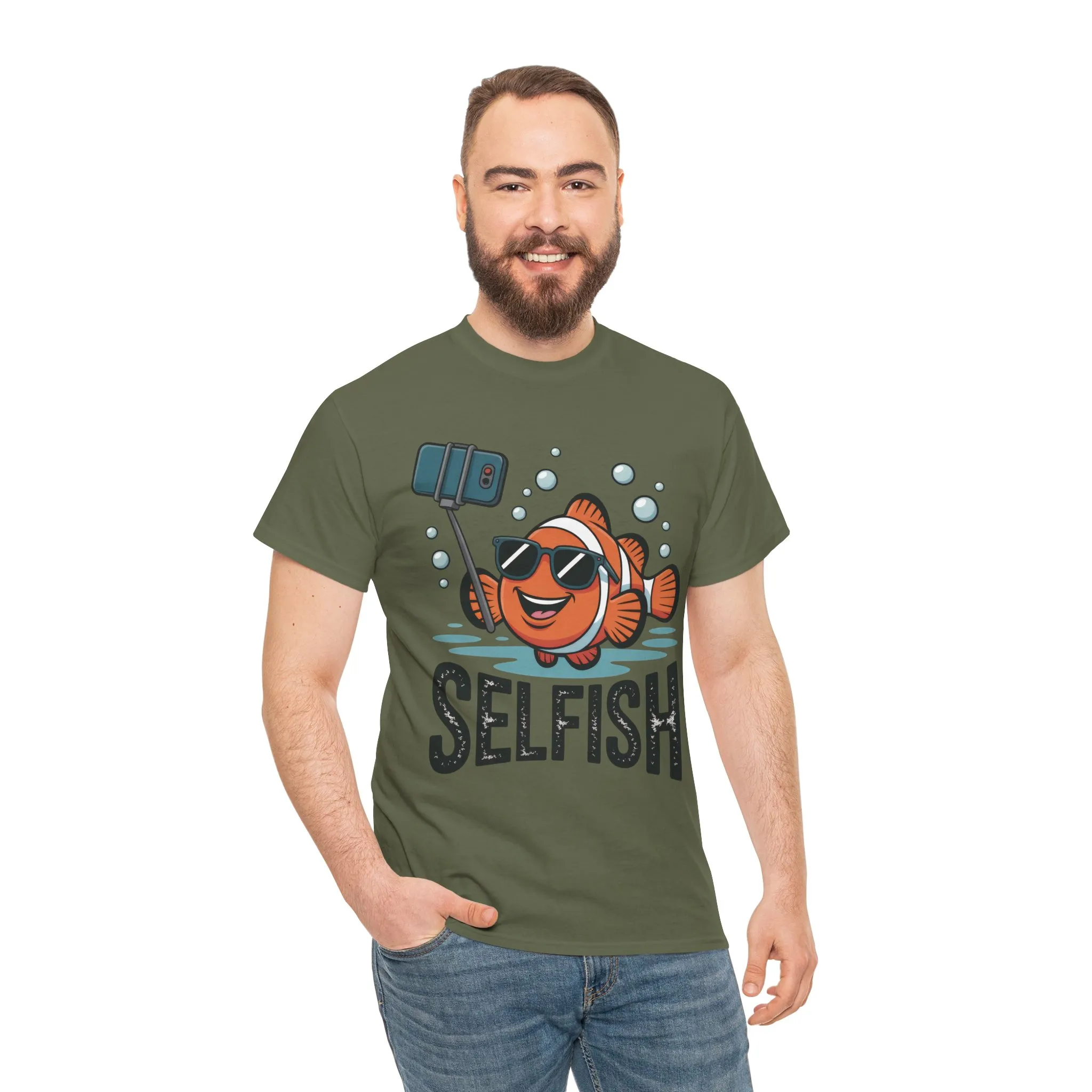Unisex Heavy Cotton Tee, Mens Selfish Funny Fish T-Shirt, Cute Selfie Graphic Tee, Ocean Humor Shirt - Image 14