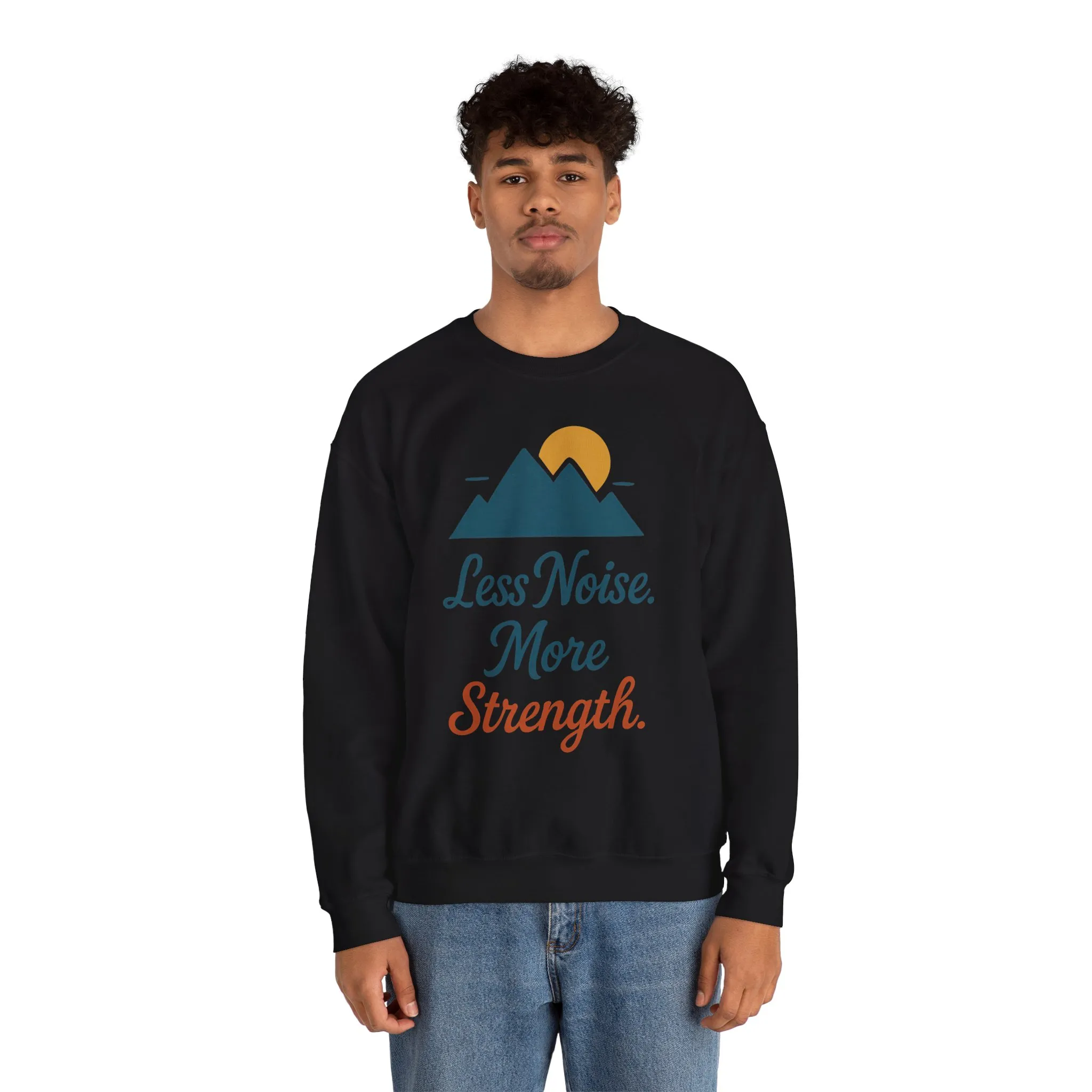 Mens Less Noise More Strength Sweatshirt, Motivational Mountain Pullover Top, Mens Heavy Blend™ Crewneck Sweatshirt - Image 5