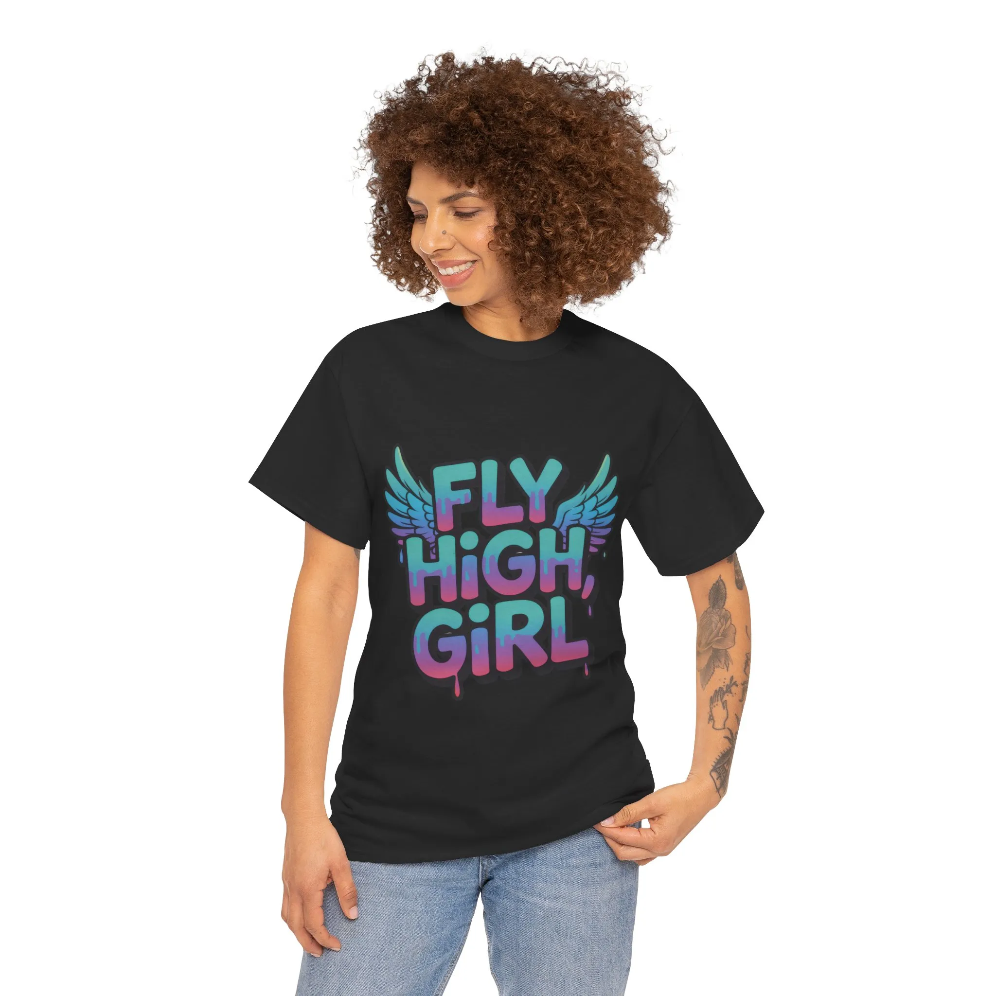 Women's Graphic Tee Fly High Girl, Angel Wings Graffiti Drip T-Shirt, Bold Streetwear Top - Image 5