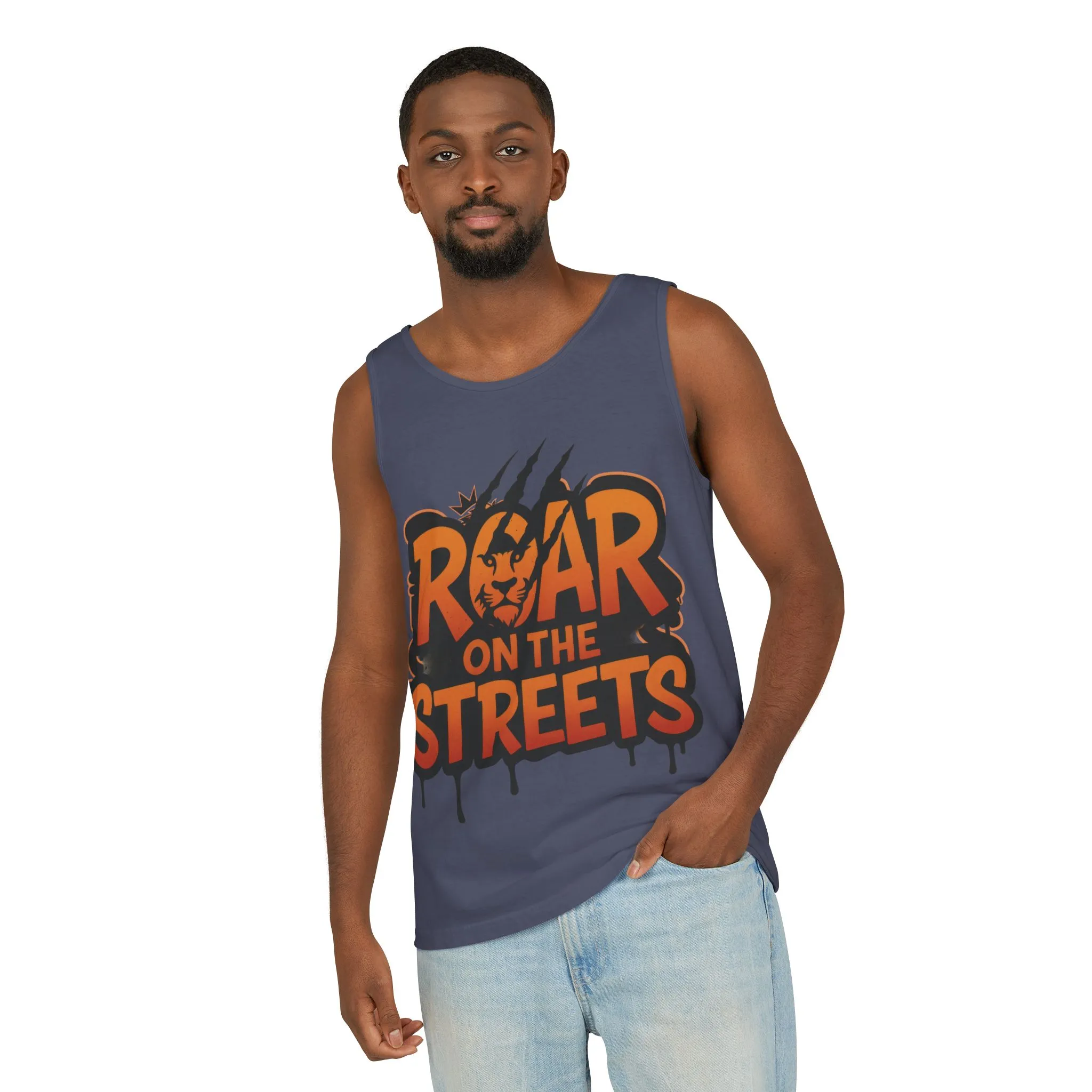 Mens Garment-Dyed Tank Top, Roar on the Streets Lion Graphic Mens Tank Top - Image 18