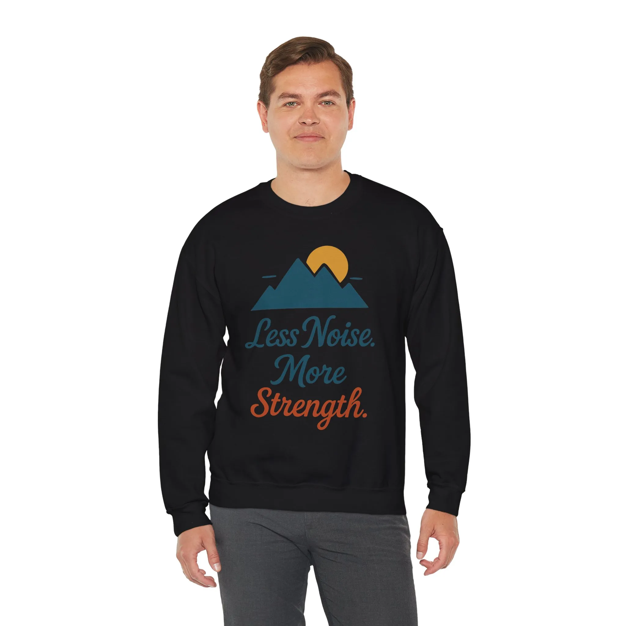 Mens Less Noise More Strength Sweatshirt, Motivational Mountain Pullover Top, Mens Heavy Blend™ Crewneck Sweatshirt - Image 6