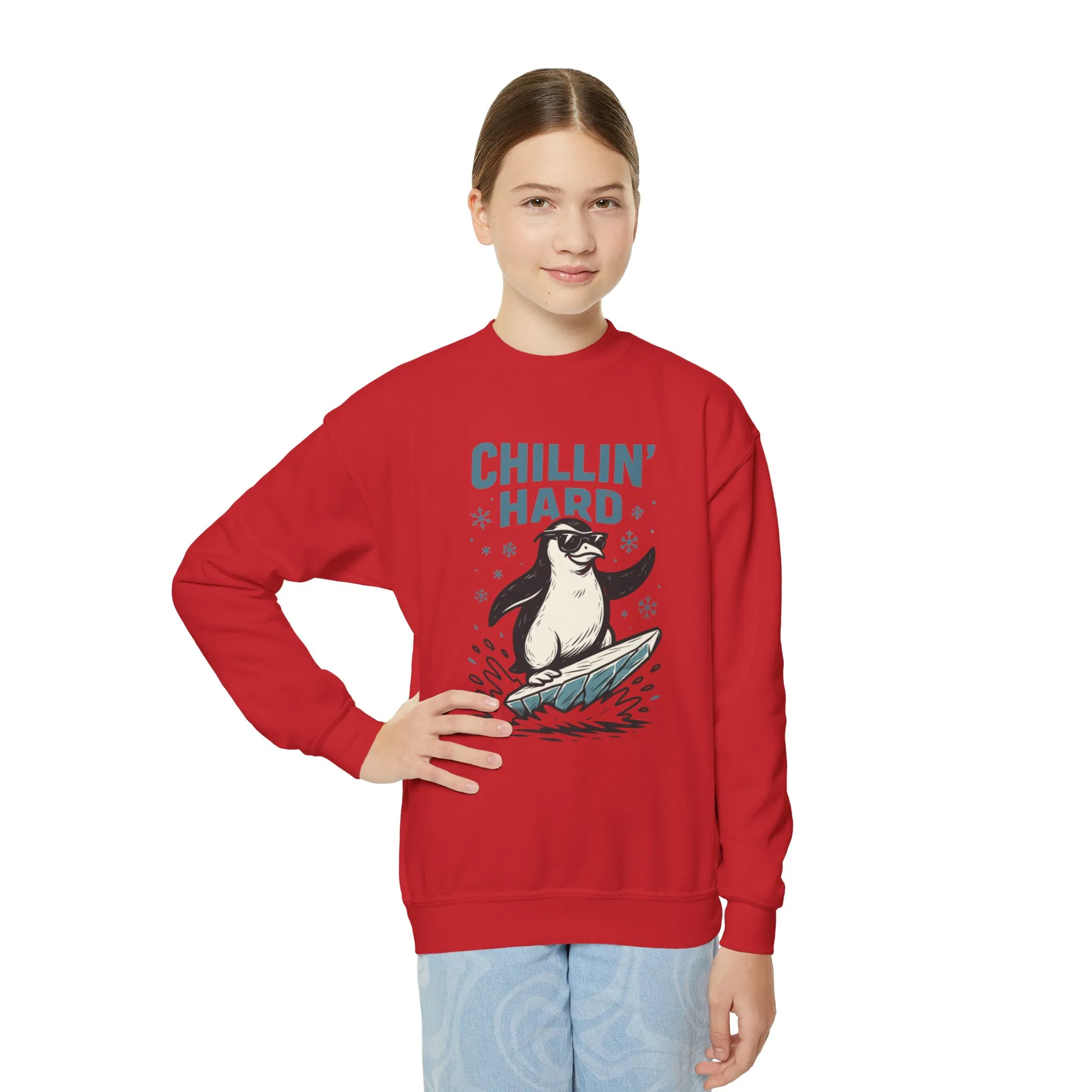 Youth Crewneck Sweatshirt, Kids Chillin Hard Penguin Sweatshirt, Funny Cool Animal Pullover for Children - Image 15