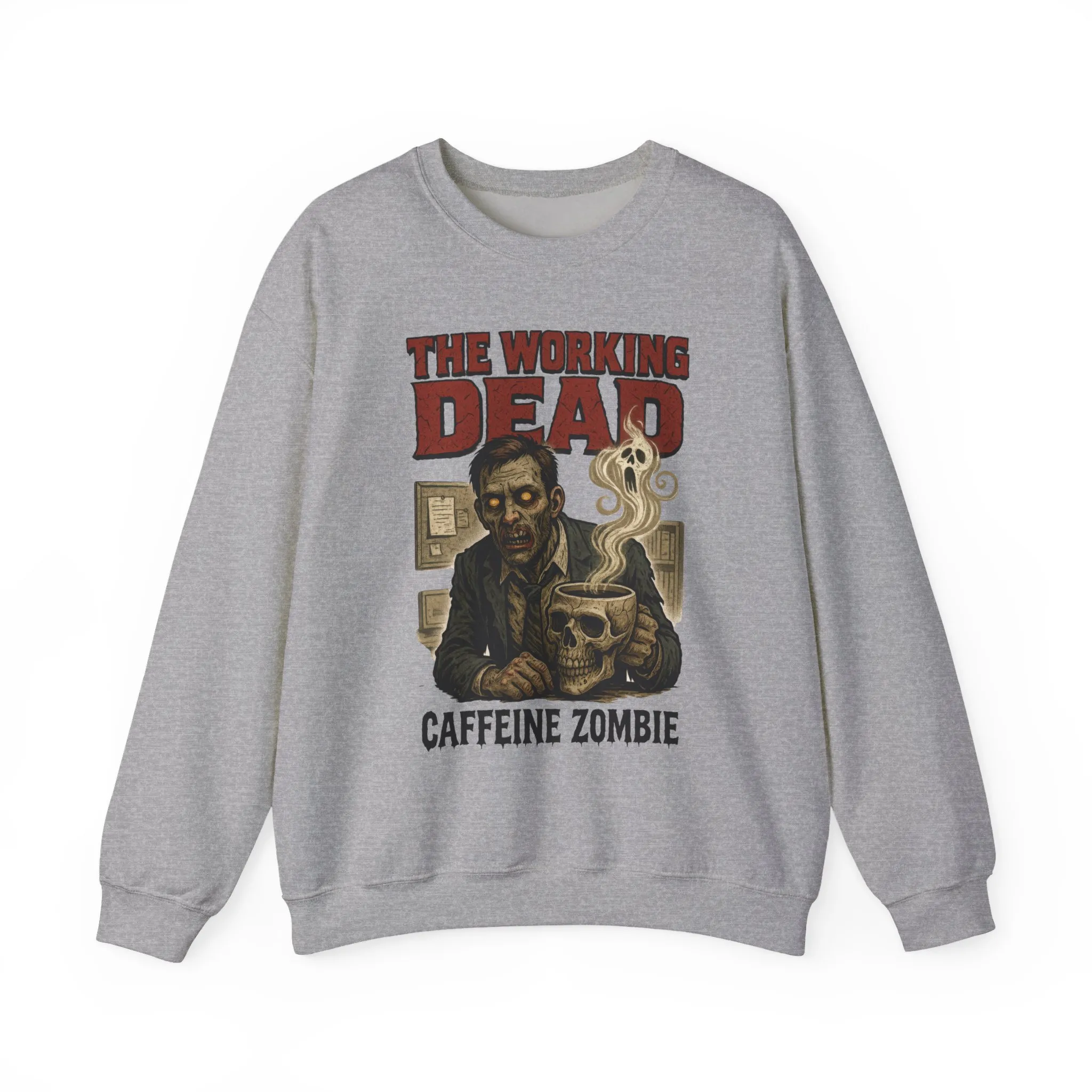 The Working Dead Men's Funny Zombie Sweatshirt, Office Humor Crewneck, Halloween Zombie Top, Coffee Zombie Sweatshirt - Image 7