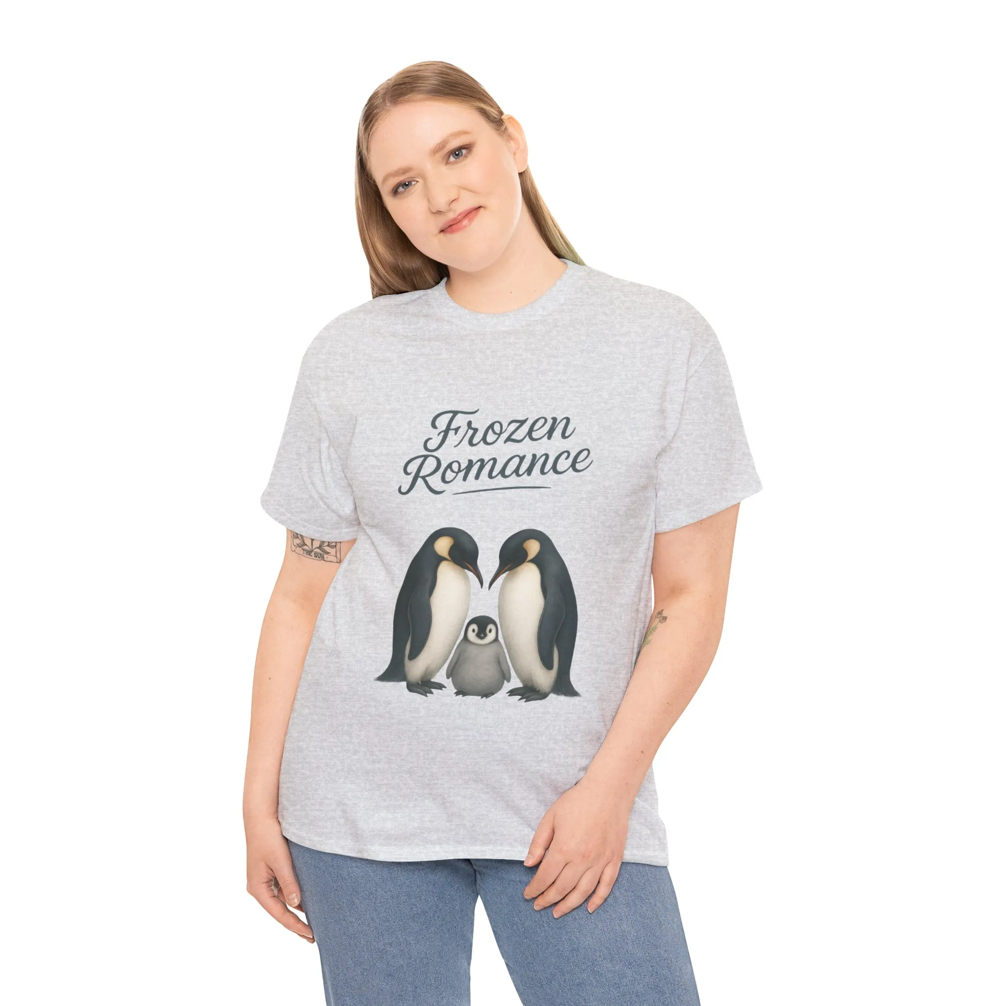 Womens Heavy Cotton Tee, Womens Frozen Romance Penguin T-Shirt, Cute Animal Graphic Tee, Love Birds Shirt Gift - Image 6