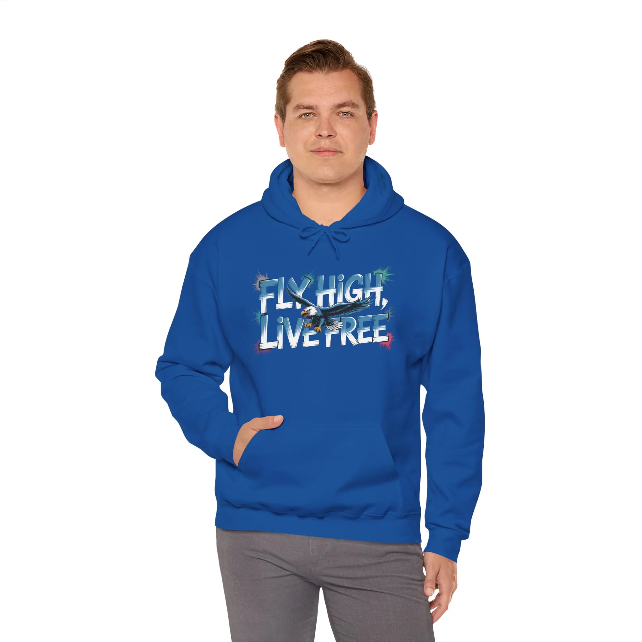 Mens Heavy Blend™ Hooded Sweatshirt, Fly High Live Free Eagle Mens Hoodie Streetwear - Image 4