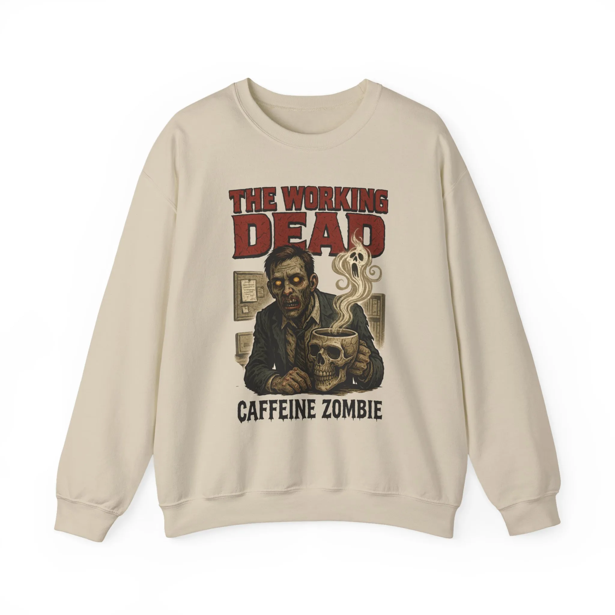 The Working Dead Men's Funny Zombie Sweatshirt, Office Humor Crewneck, Halloween Zombie Top, Coffee Zombie Sweatshirt - Image 4