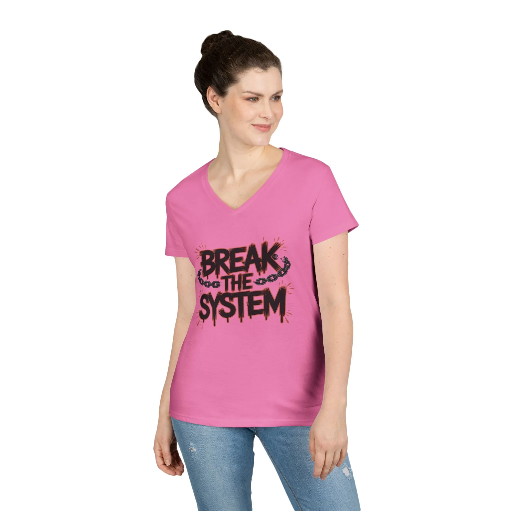 Ladies' V-Neck T-Shirt, Women's Graphic Tee, Break the System Shirt, Feminist Protest T-Shirt, Streetwear Gift for Her - Image 27