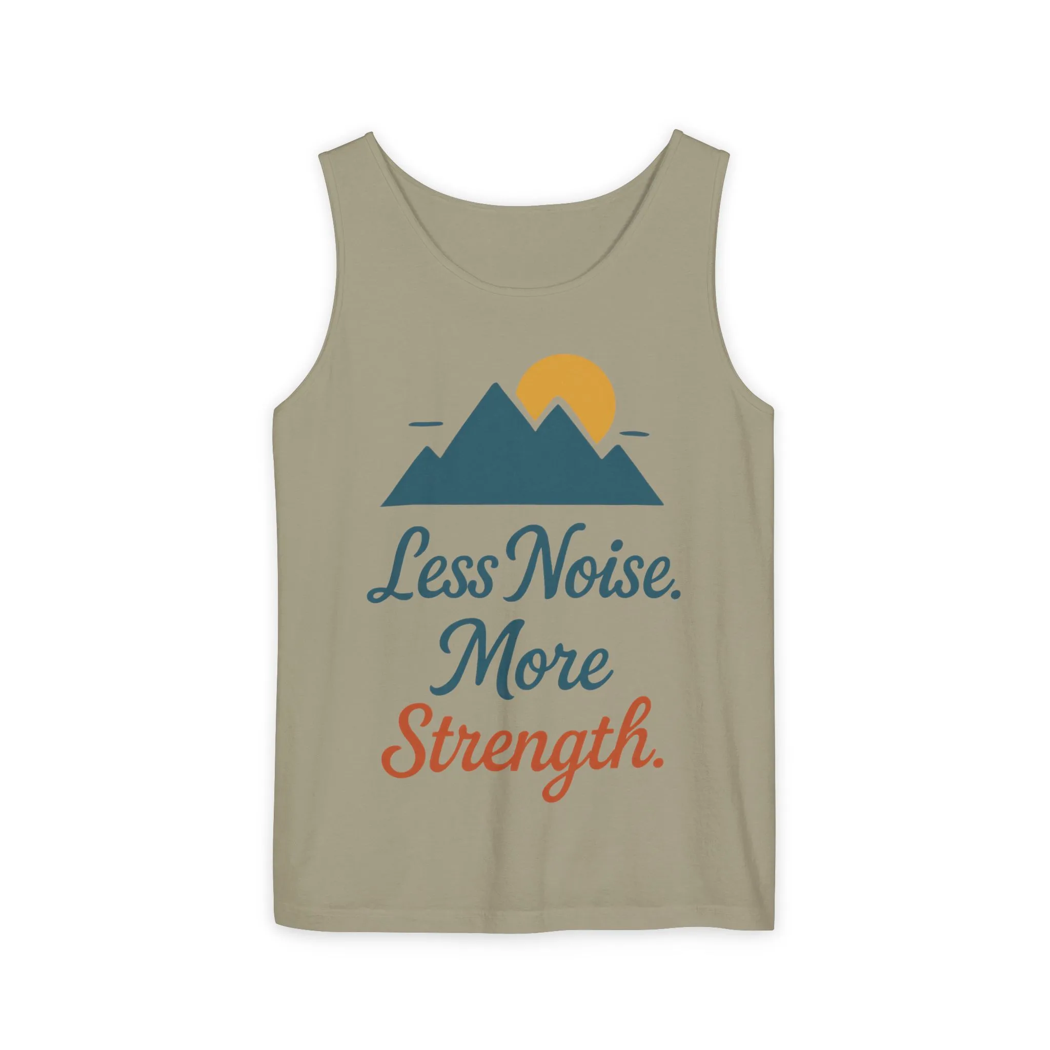 Mens Garment-Dyed Tank Top, Mens Less Noise More Strength Tank Top, Minimal Mountain Fitness Graphic Shirt - Image 4