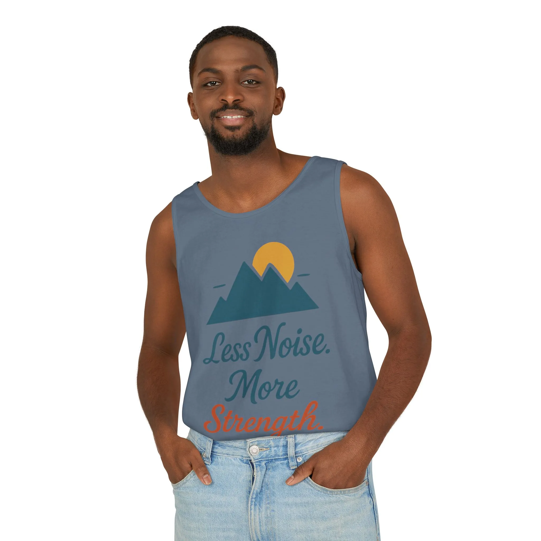 Mens Garment-Dyed Tank Top, Mens Less Noise More Strength Tank Top, Minimal Mountain Fitness Graphic Shirt - Image 24