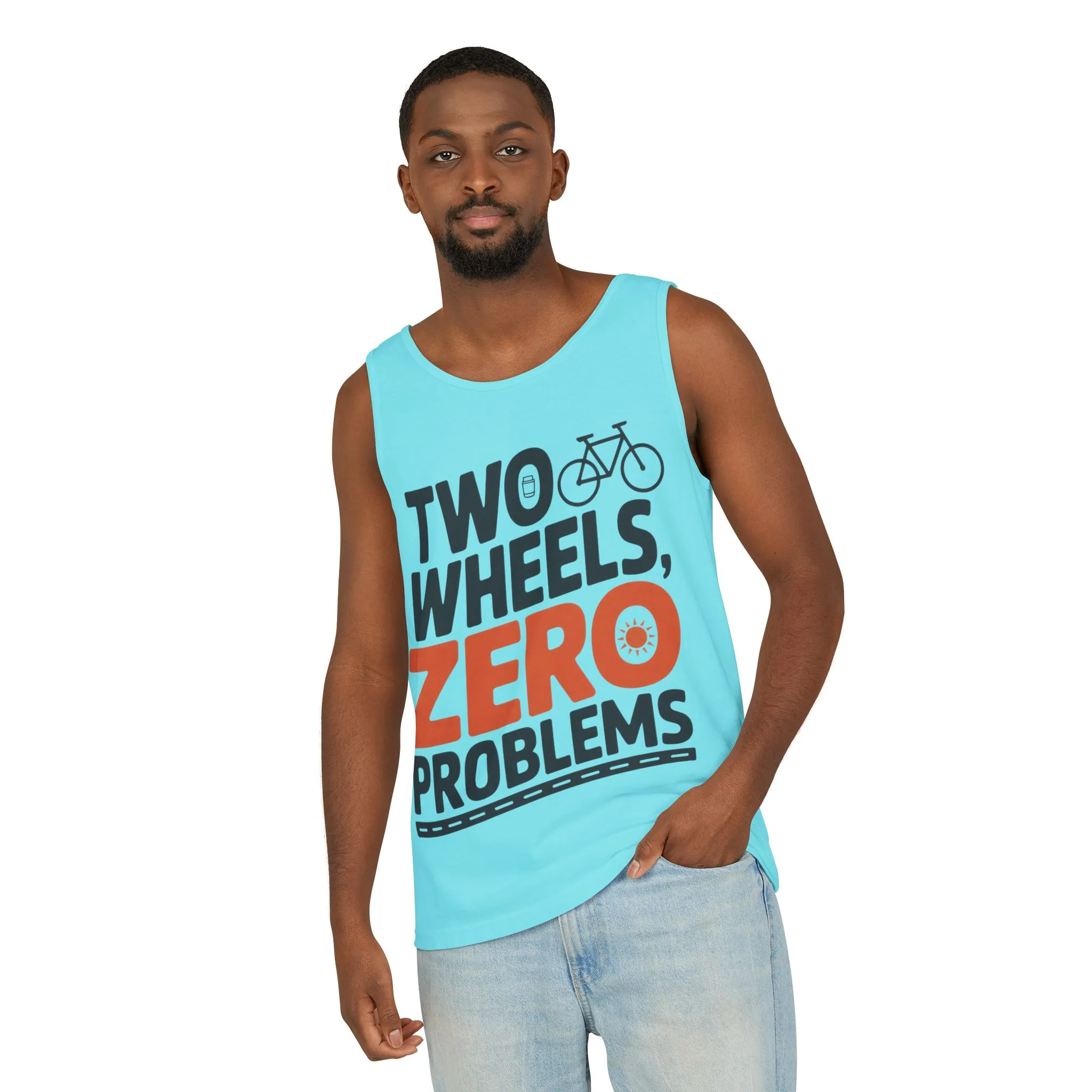 Mens Garment-Dyed Tank Top, Two Wheels Zero Problems Mens Cycling Graphic Tank, Gift for Cyclists - Image 12