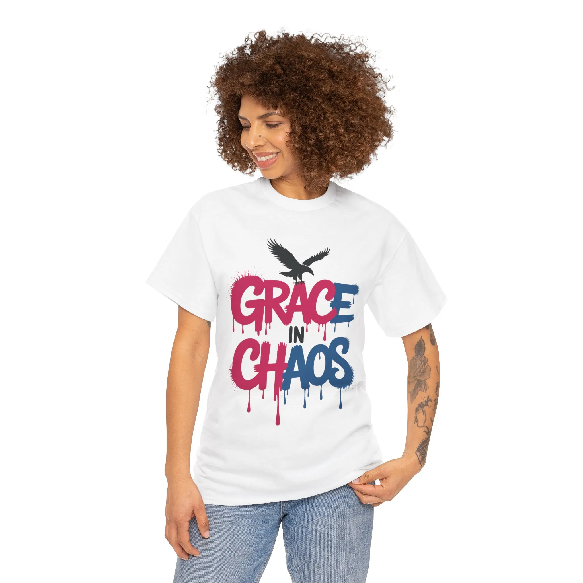 Women's Graffiti T-Shirt, Grace in Chaos Dripping Street Art Tee, Bold Urban Graphic Shirt