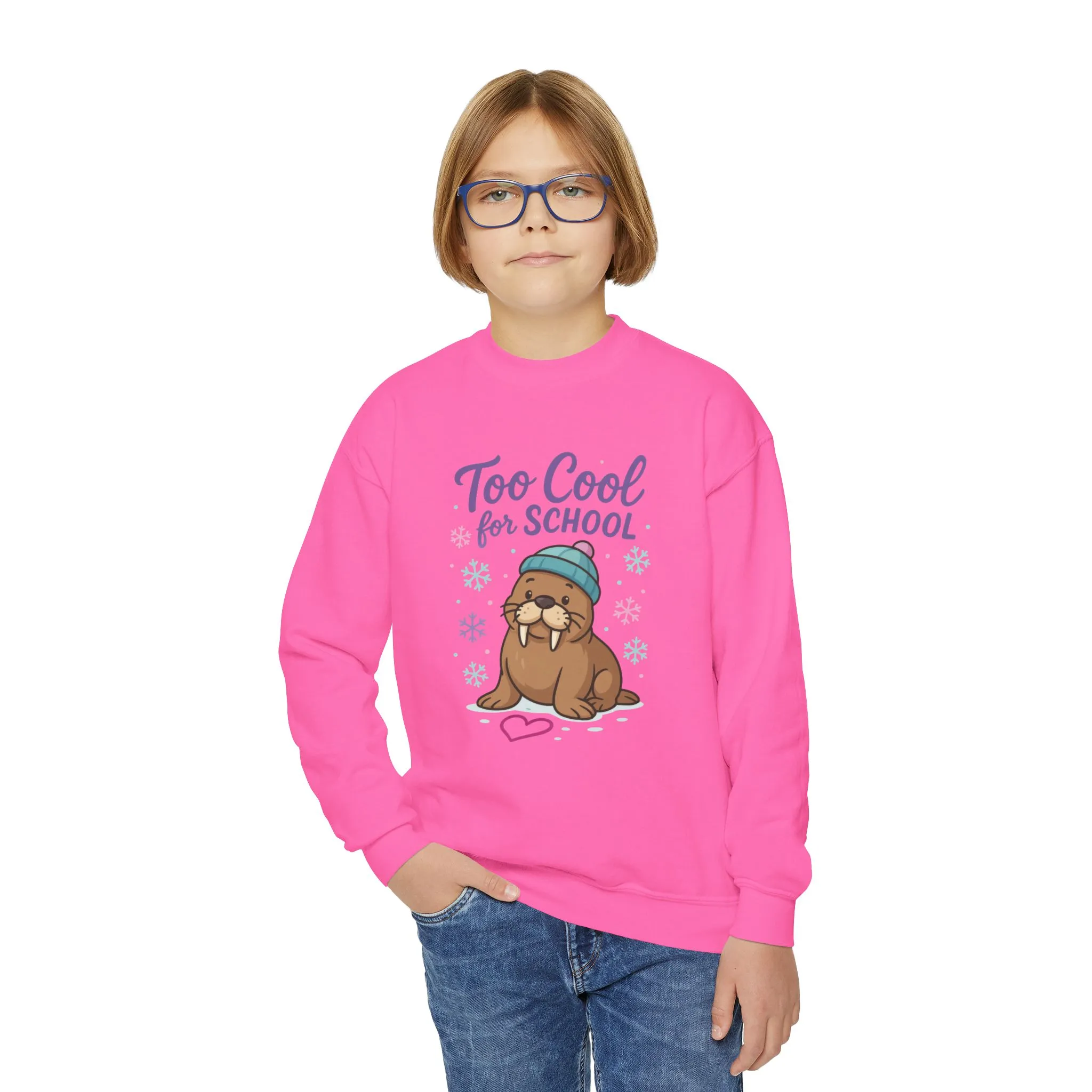 Youth Crewneck Sweatshirt, Kids Too Cool for School Walrus Sweatshirt, Funny Animal Pullover, Cute Winter Top - Image 24