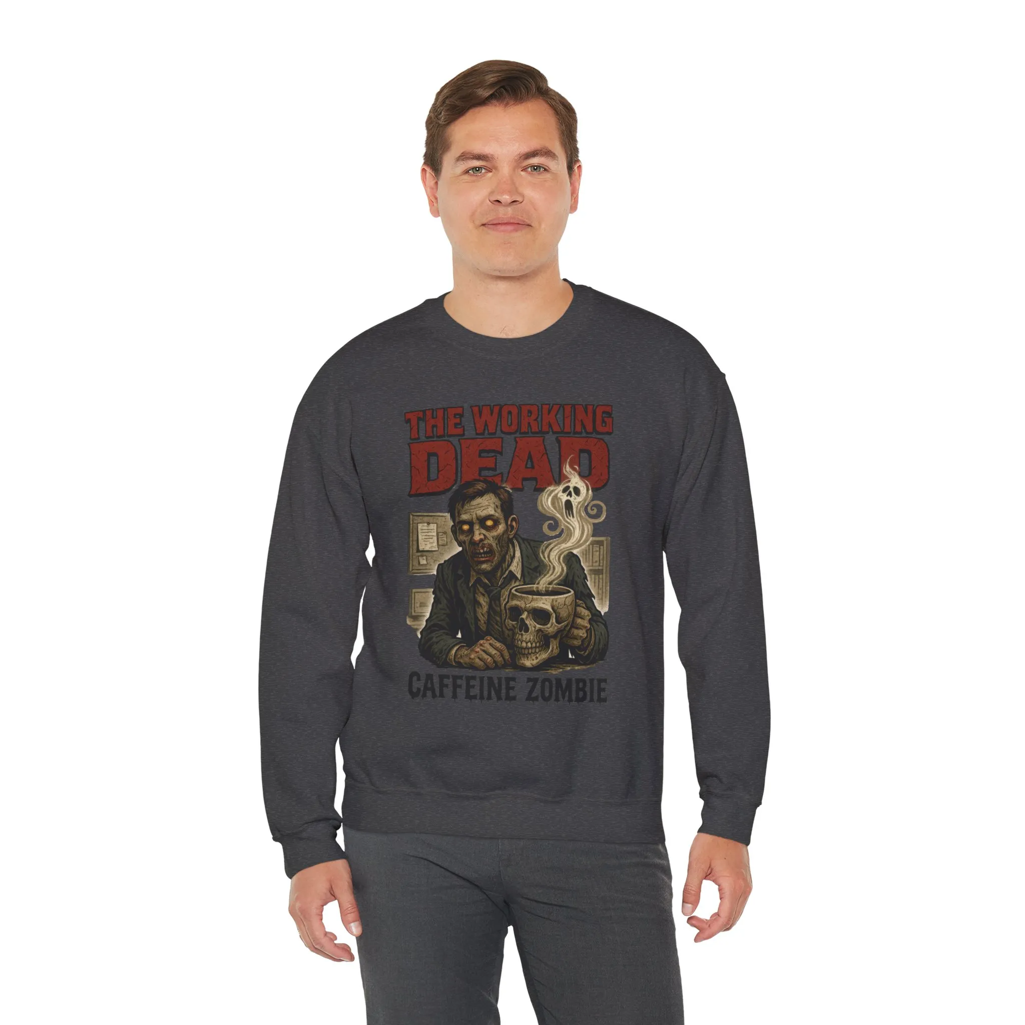The Working Dead Men's Funny Zombie Sweatshirt, Office Humor Crewneck, Halloween Zombie Top, Coffee Zombie Sweatshirt - Image 18