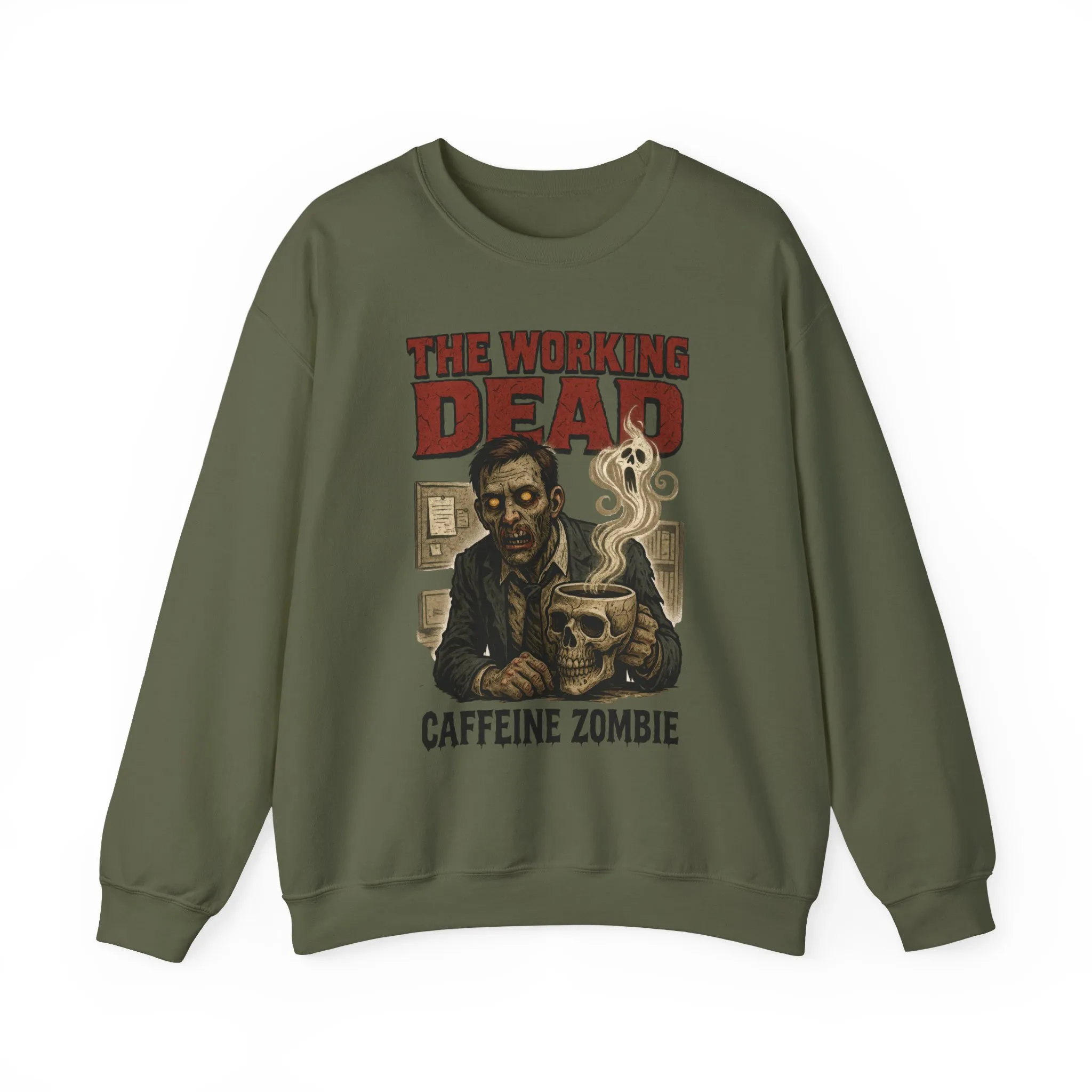 The Working Dead Men's Funny Zombie Sweatshirt, Office Humor Crewneck, Halloween Zombie Top, Coffee Zombie Sweatshirt - Image 10