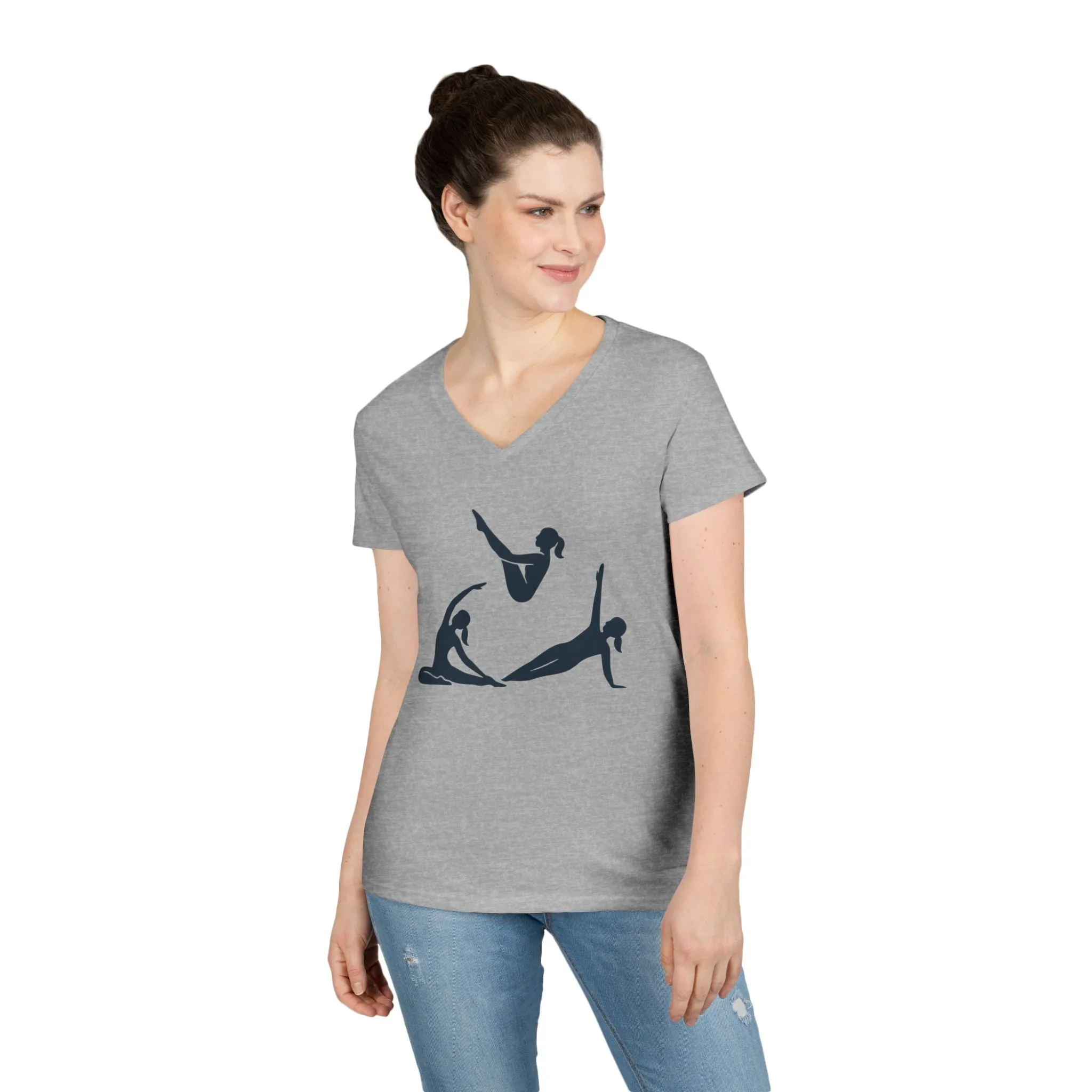 Ladies' V-Neck T-Shirt, Womens Pilates Graphic T-Shirt, Yoga Fitness Tee, Workout Top with Silhouette Print - Image 9