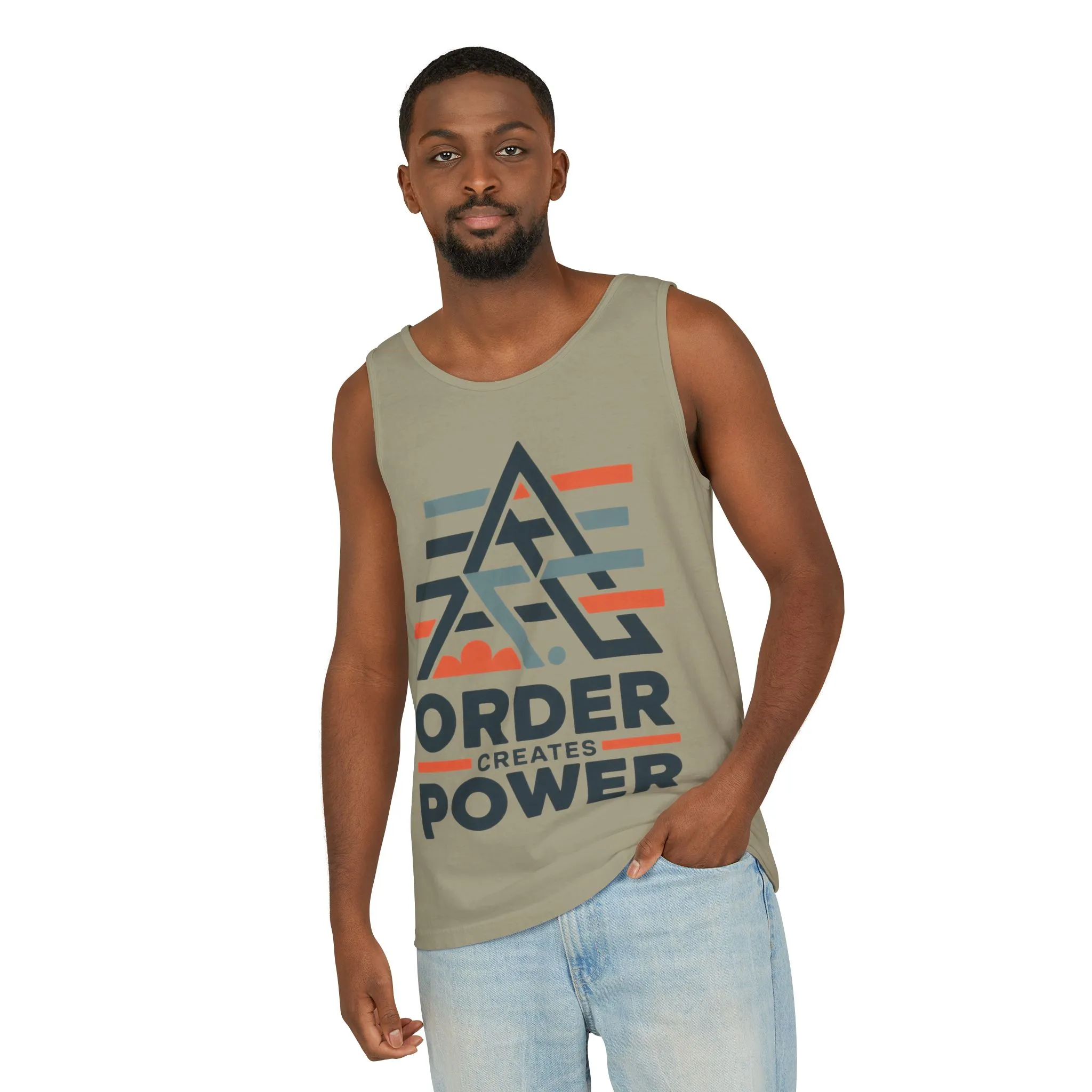 Mens Garment-Dyed Tank Top, Mens Tank Top Order Creates Power, Minimal Geometric Motivational Graphic Summer Shirt - Image 6