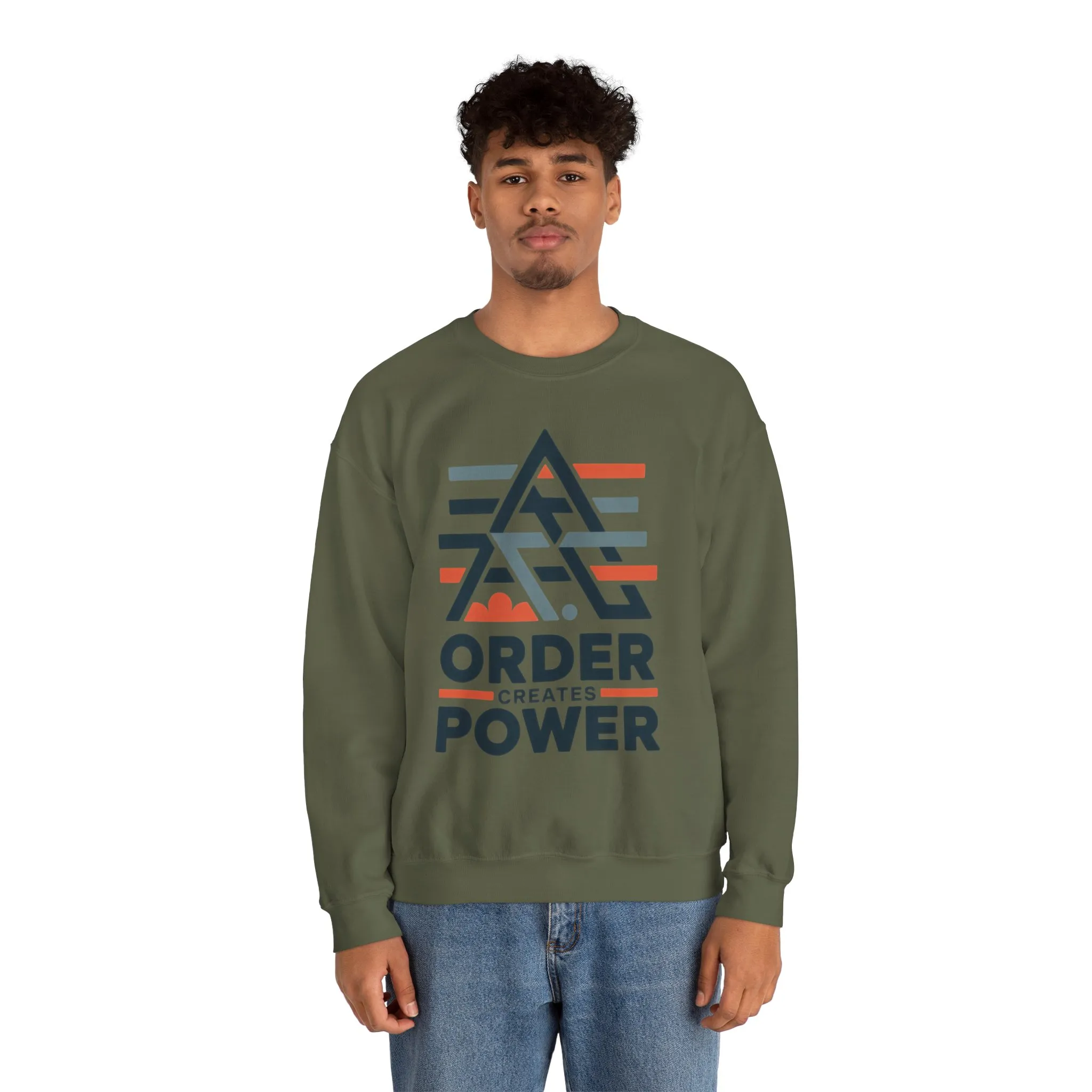 Mens Sweatshirt Order Creates Power, Minimal Geometric Motivational Graphic Pullover, Heavy Blend™ Crewneck Sweatshirt - Image 15