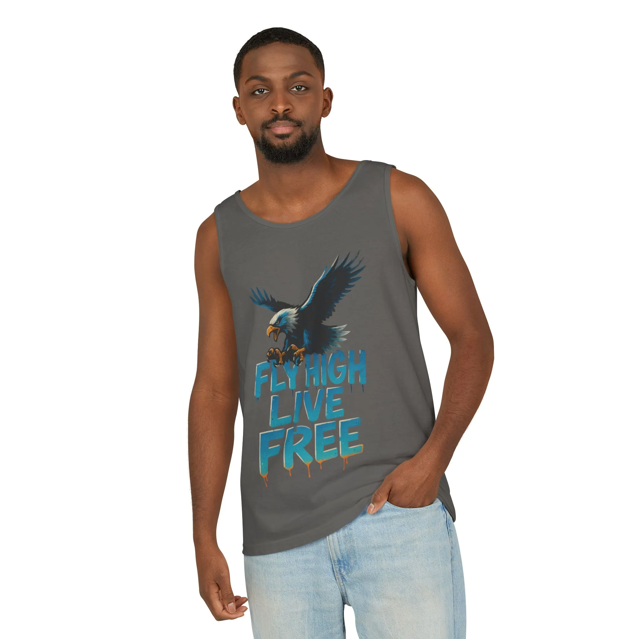 Mens Garment-Dyed Tank Top, Fly High Live Free Eagle Mens Tank Top Gym Wear - Image 4