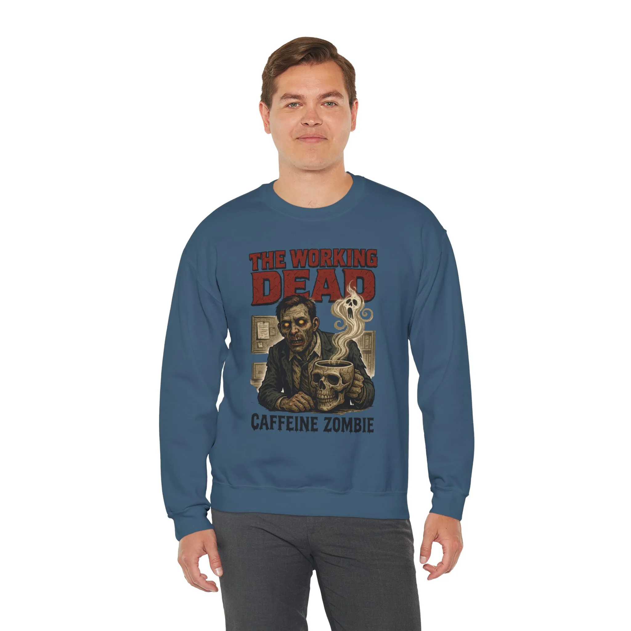 The Working Dead Men's Funny Zombie Sweatshirt, Office Humor Crewneck, Halloween Zombie Top, Coffee Zombie Sweatshirt - Image 21