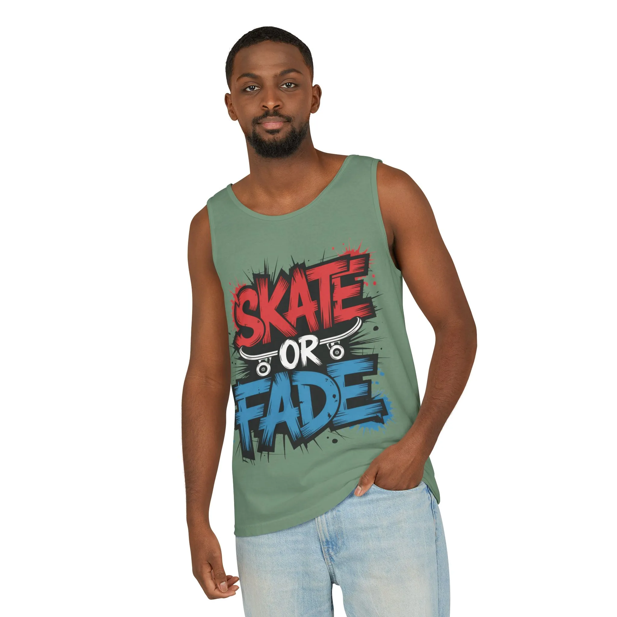 Skate Or Fade Men's Tank Top, Graffiti Skateboard Graphic Muscle Shirt, Urban Streetwear Sleeveless Top, Men's Garment-Dyed Tank Top - Image 9