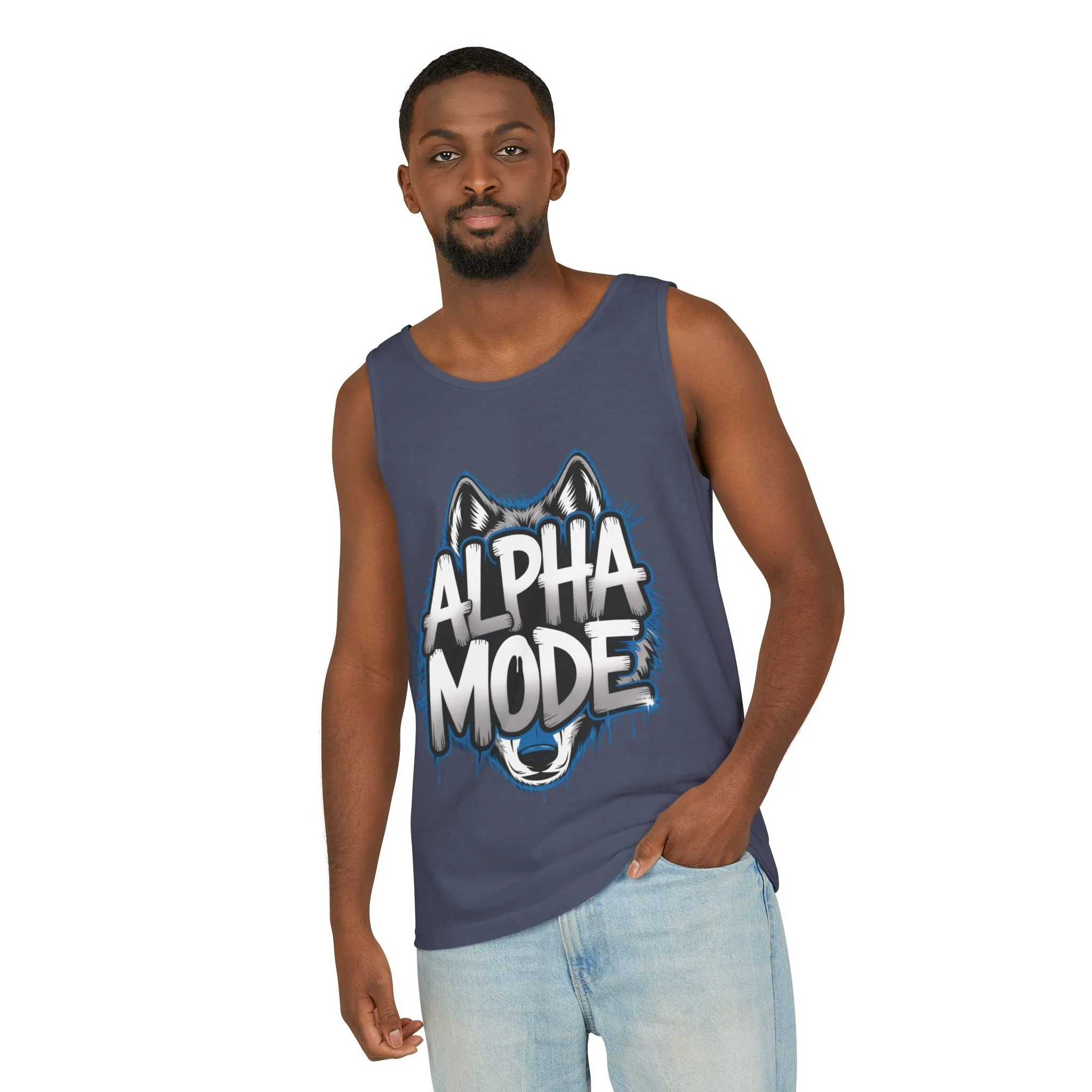 Mens Garment-Dyed Tank Top, Alpha Mode Wolf Graphic Mens Tank Top Gym Wear - Image 23