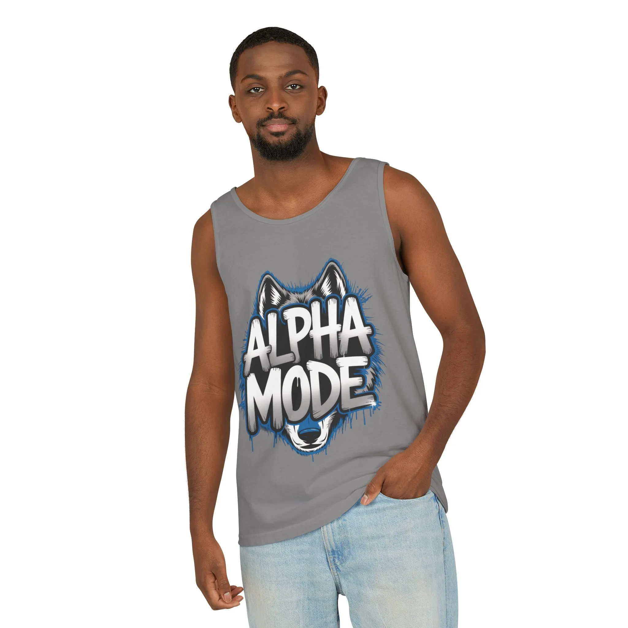 Mens Garment-Dyed Tank Top, Alpha Mode Wolf Graphic Mens Tank Top Gym Wear - Image 29
