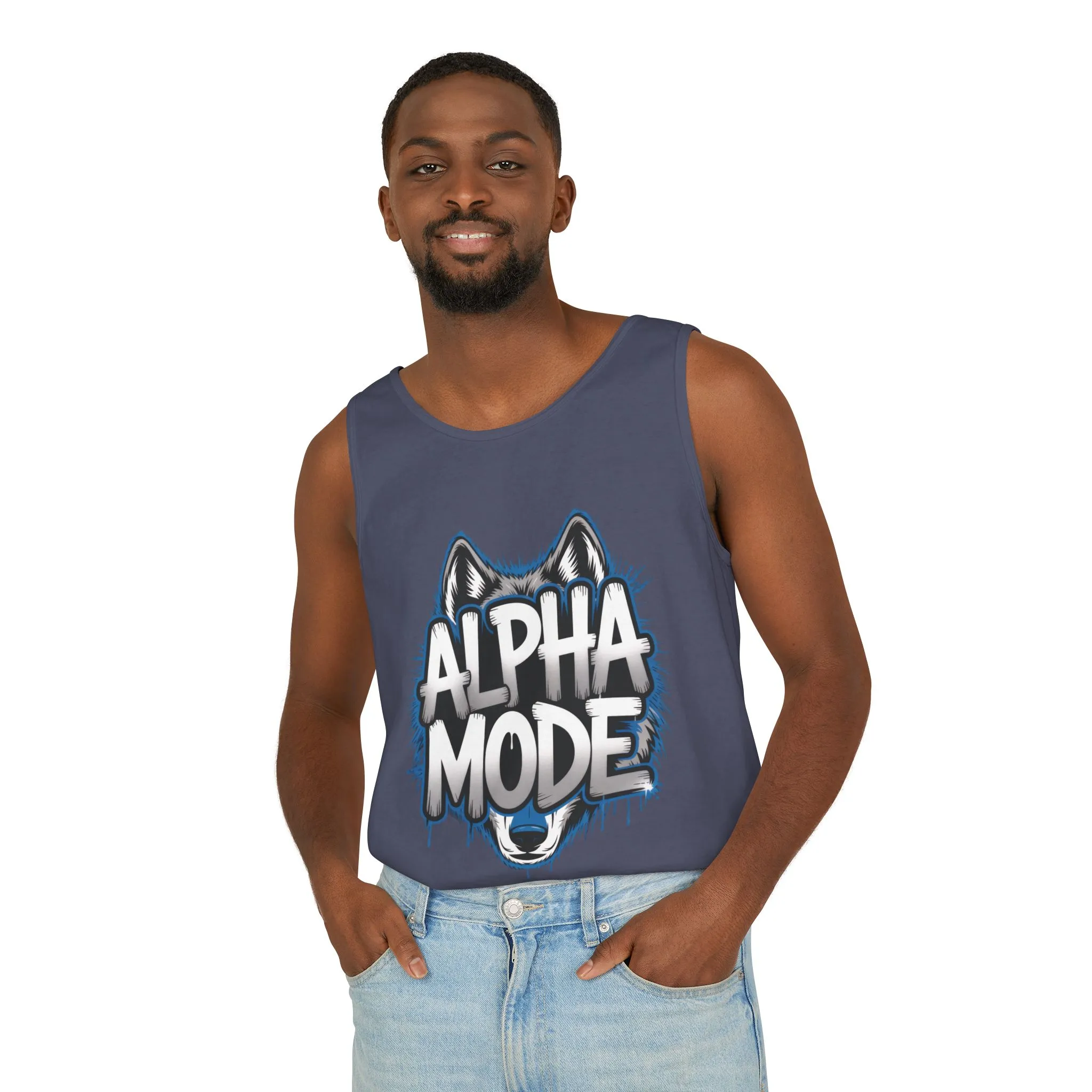 Mens Garment-Dyed Tank Top, Alpha Mode Wolf Graphic Mens Tank Top Gym Wear - Image 24