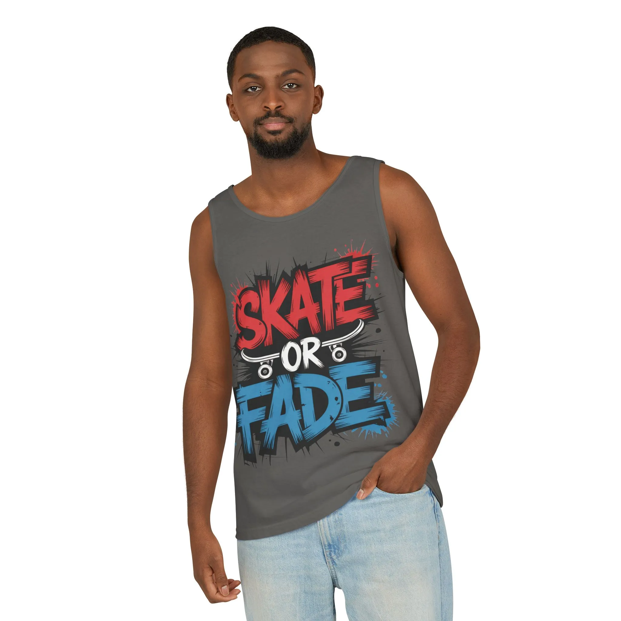 Skate Or Fade Men's Tank Top, Graffiti Skateboard Graphic Muscle Shirt, Urban Streetwear Sleeveless Top, Men's Garment-Dyed Tank Top - Image 5