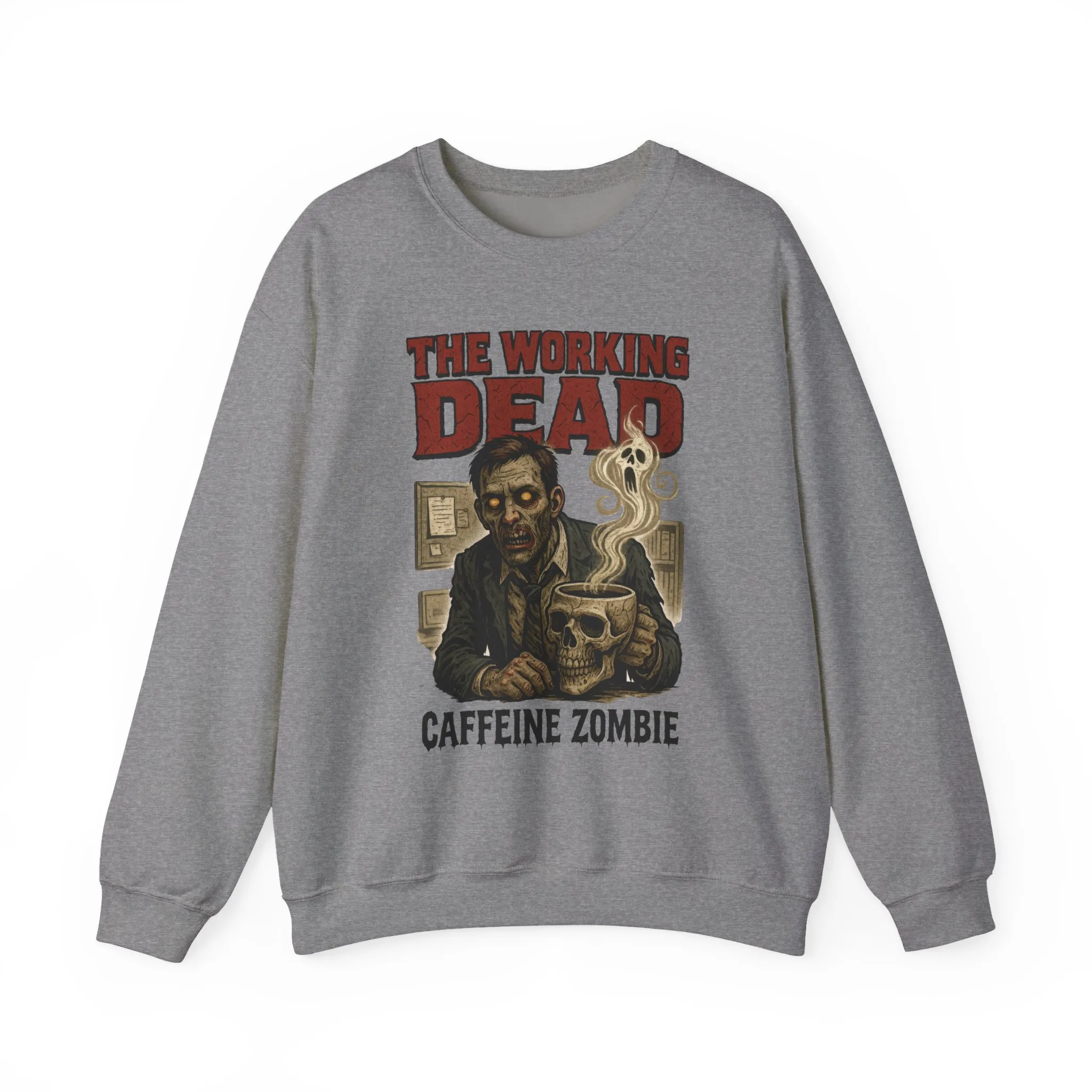 The Working Dead Men's Funny Zombie Sweatshirt, Office Humor Crewneck, Halloween Zombie Top, Coffee Zombie Sweatshirt - Image 13
