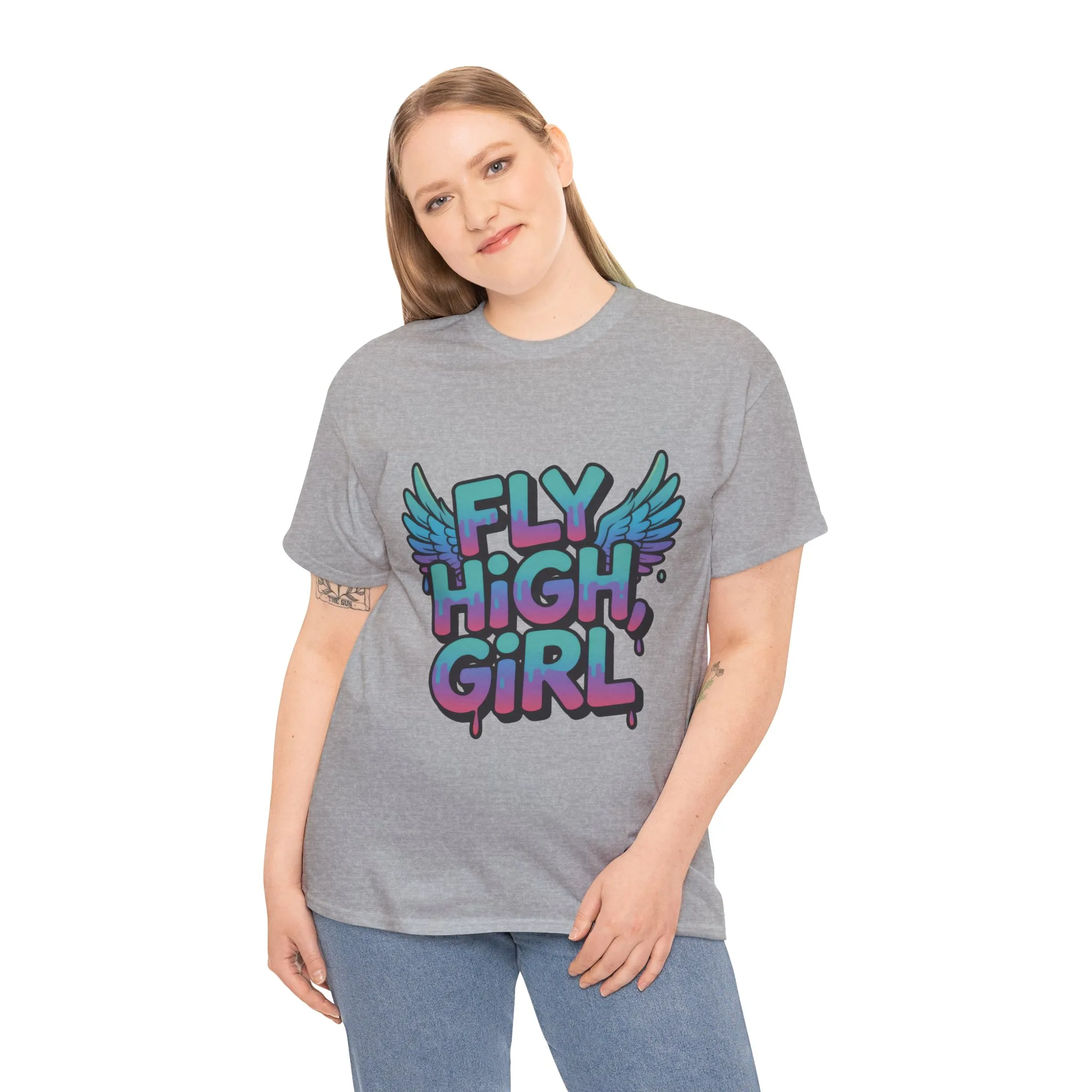 Women's Graphic Tee Fly High Girl, Angel Wings Graffiti Drip T-Shirt, Bold Streetwear Top - Image 9