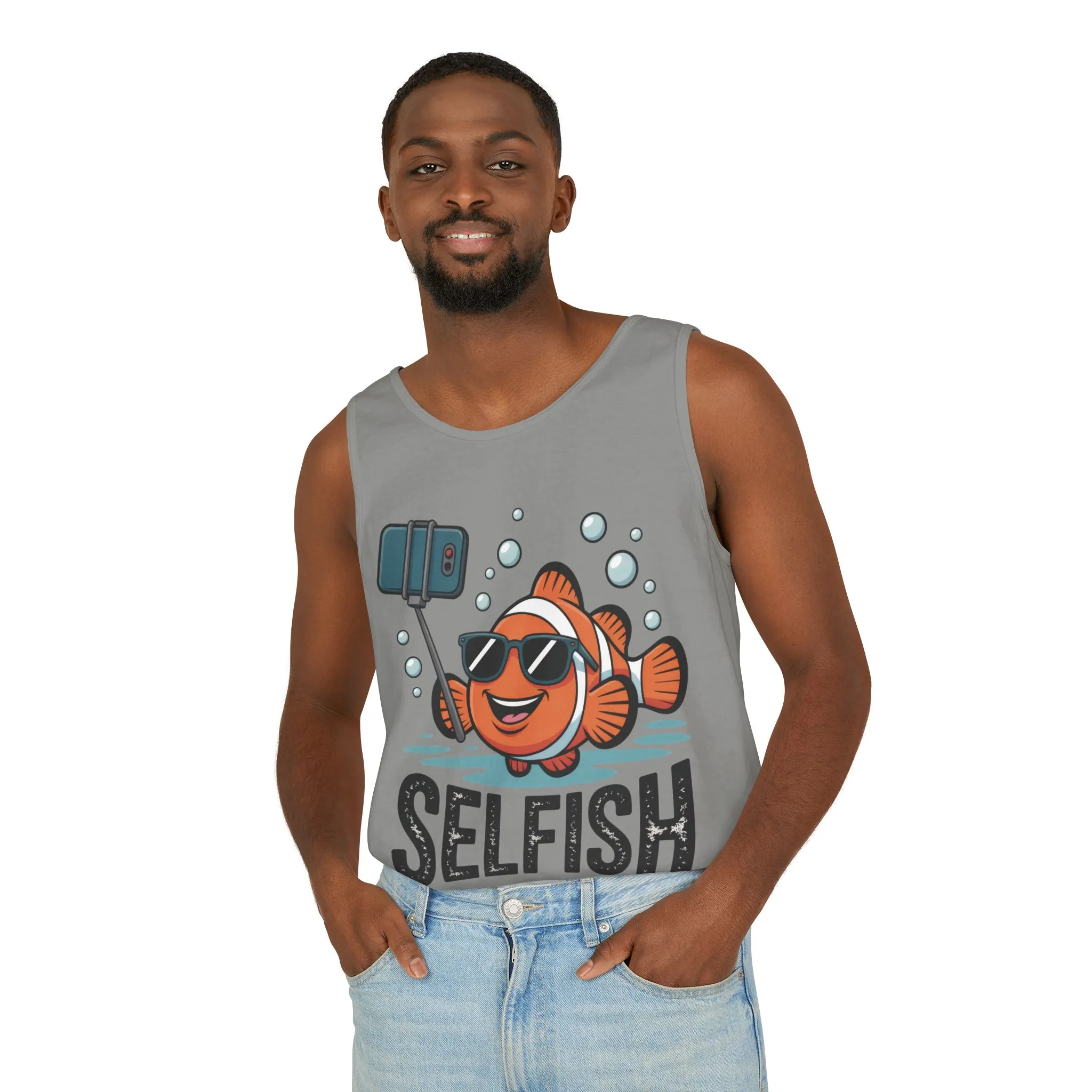 Mens Garment-Dyed Tank Top, Mens Selfish Funny Fish Tank Top, Cute Selfie Graphic Shirt, Ocean Humor Top - Image 21