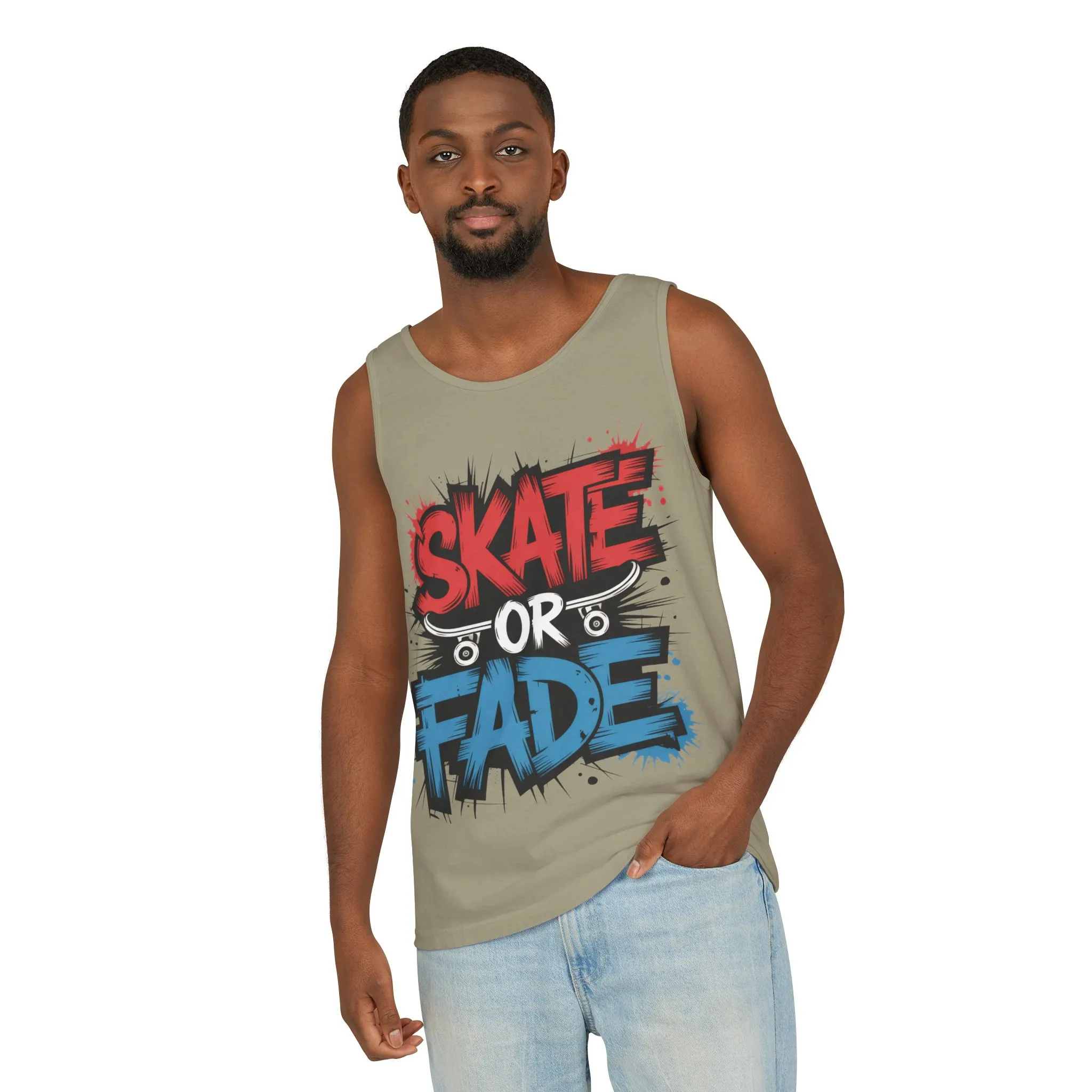 Skate Or Fade Men's Tank Top, Graffiti Skateboard Graphic Muscle Shirt, Urban Streetwear Sleeveless Top, Men's Garment-Dyed Tank Top - Image 3