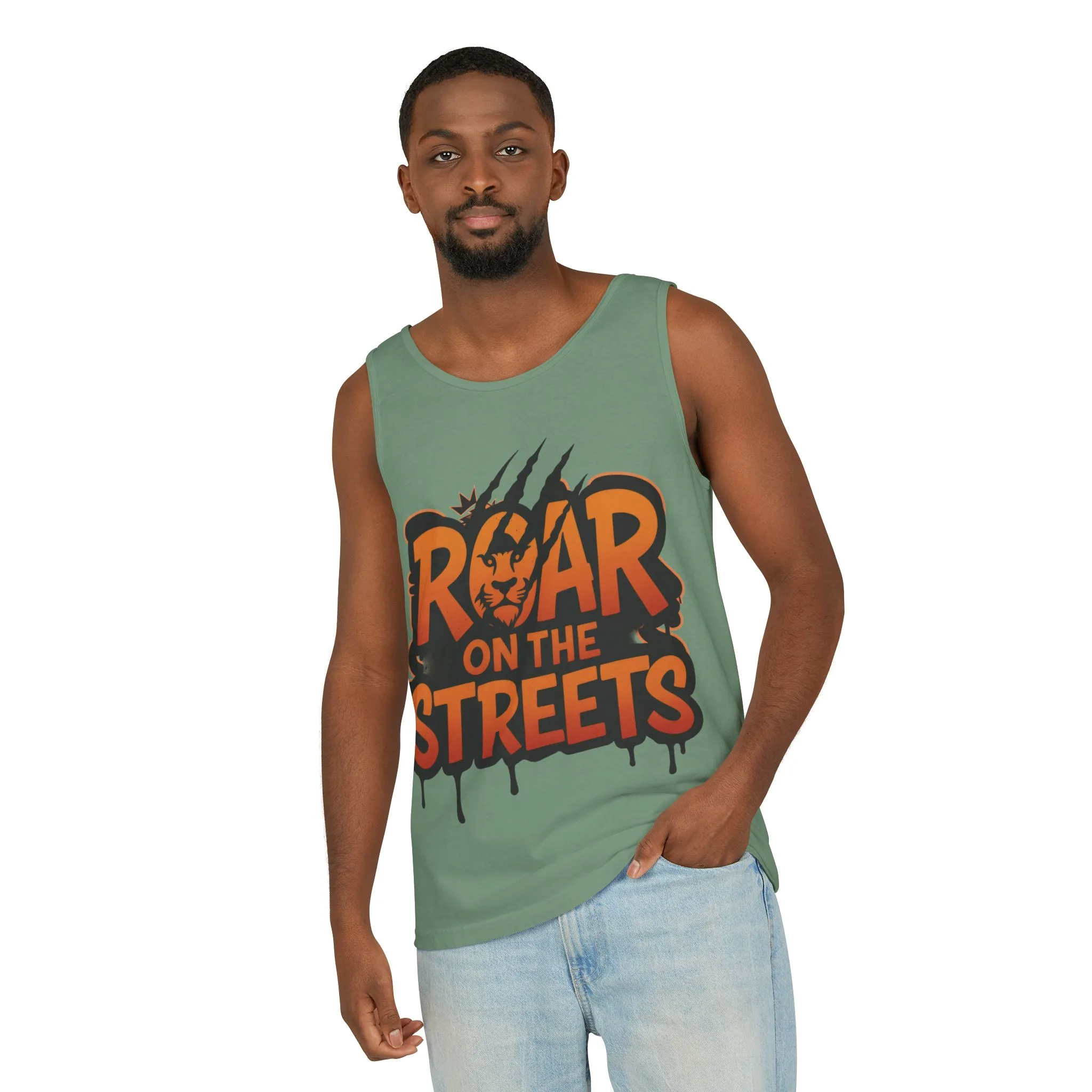Mens Garment-Dyed Tank Top, Roar on the Streets Lion Graphic Mens Tank Top - Image 8