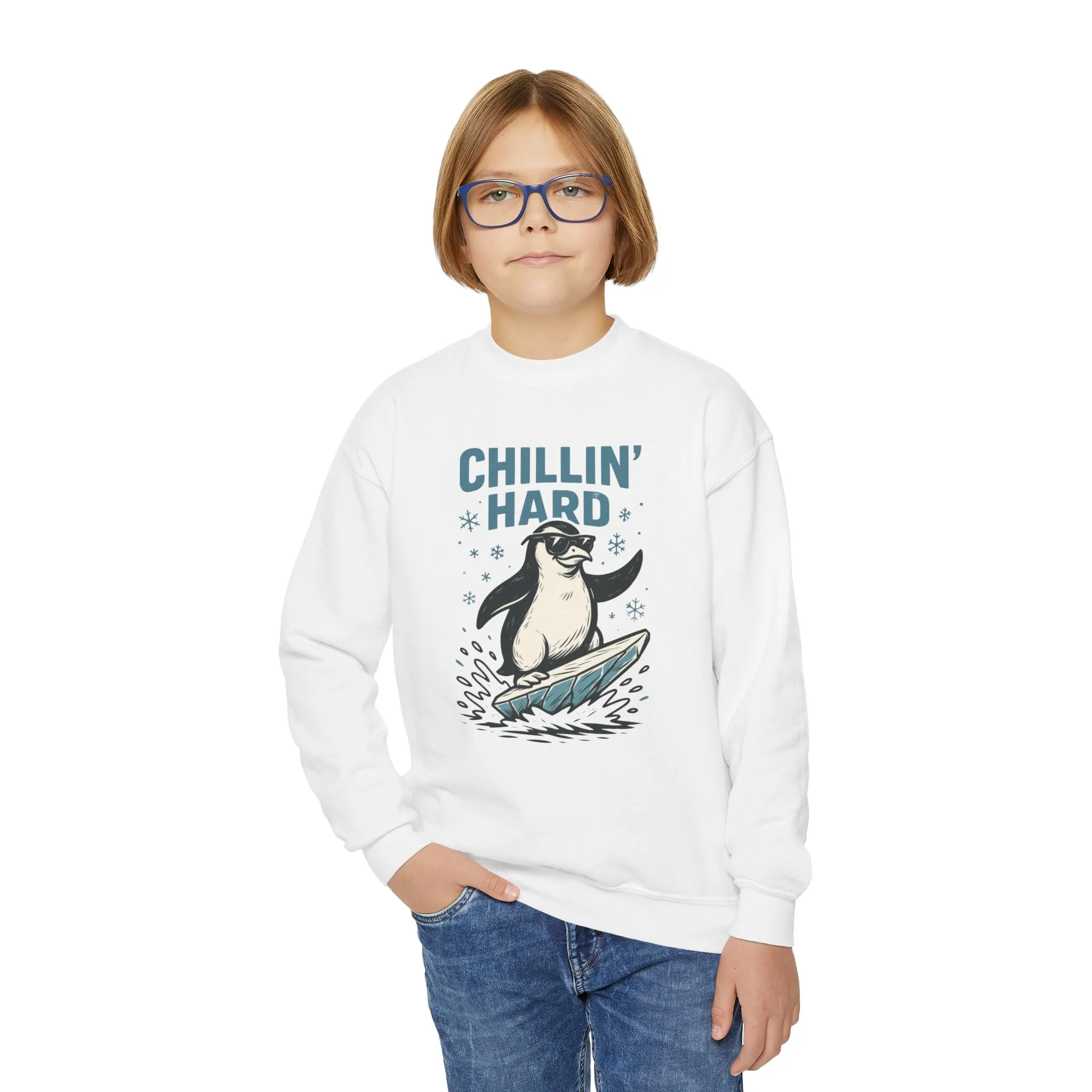 Youth Crewneck Sweatshirt, Kids Chillin Hard Penguin Sweatshirt, Funny Cool Animal Pullover for Children - Image 5