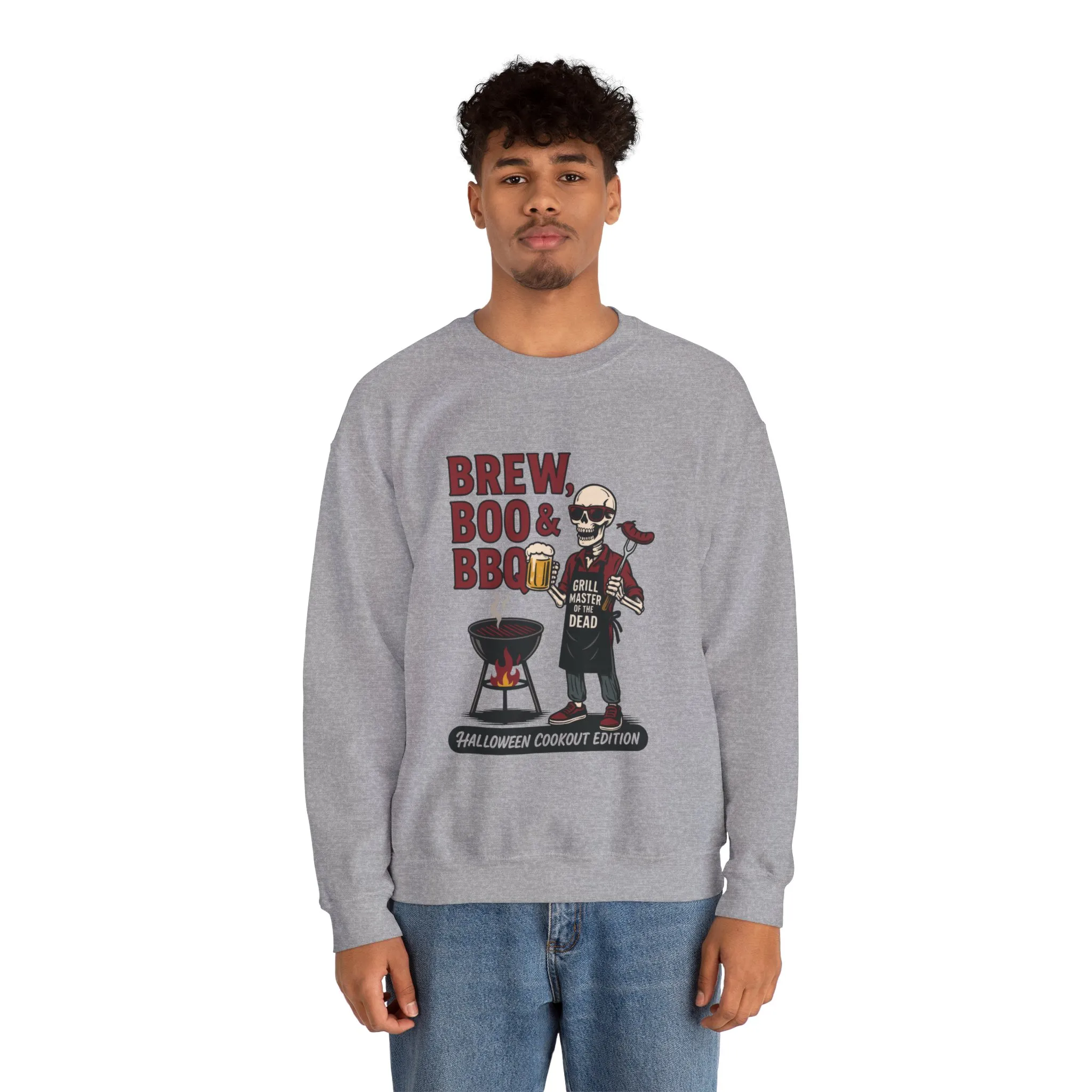 Halloween BBQ Men's Sweatshirt, Brew Boo & BBQ Skeleton Grill Master, Spooky Dad Gift, Skeleton Dad Sweat, Grill Master Crew - Image 5