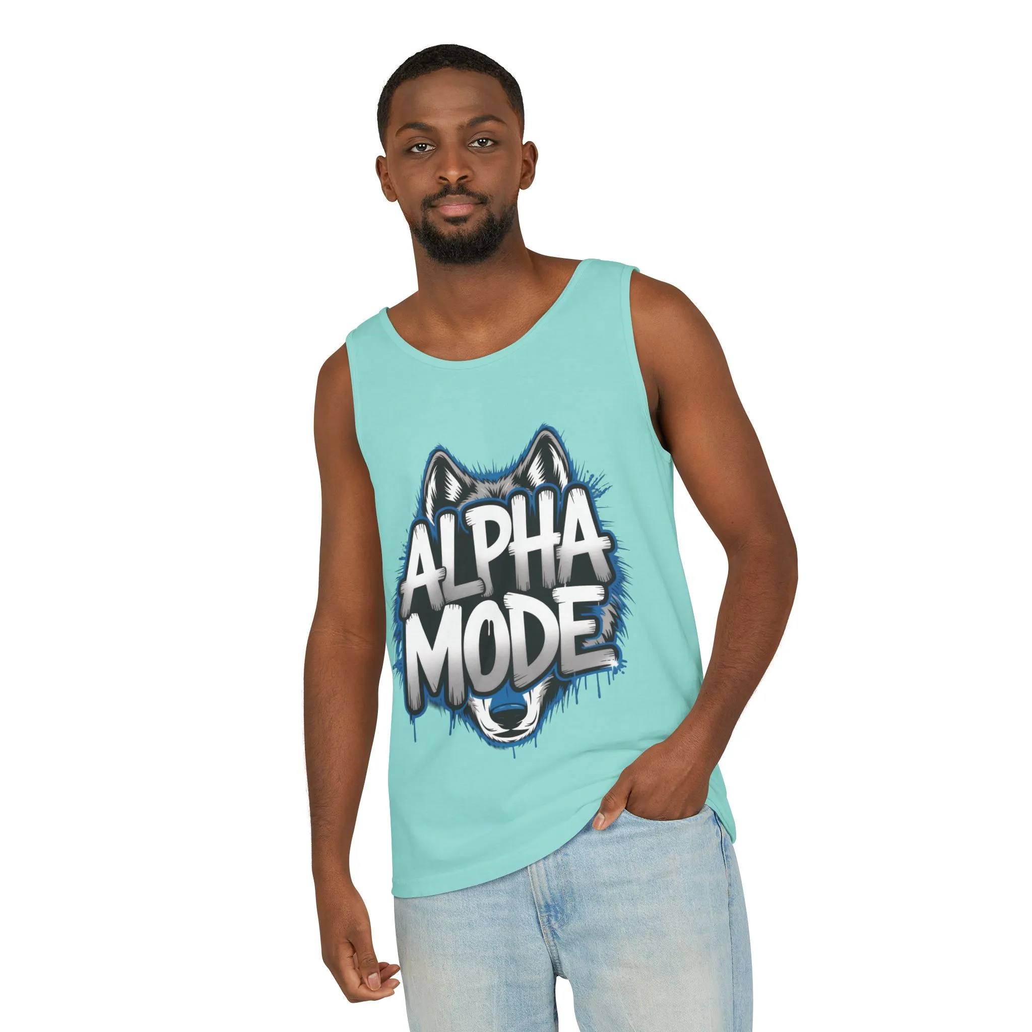 Mens Garment-Dyed Tank Top, Alpha Mode Wolf Graphic Mens Tank Top Gym Wear - Image 5