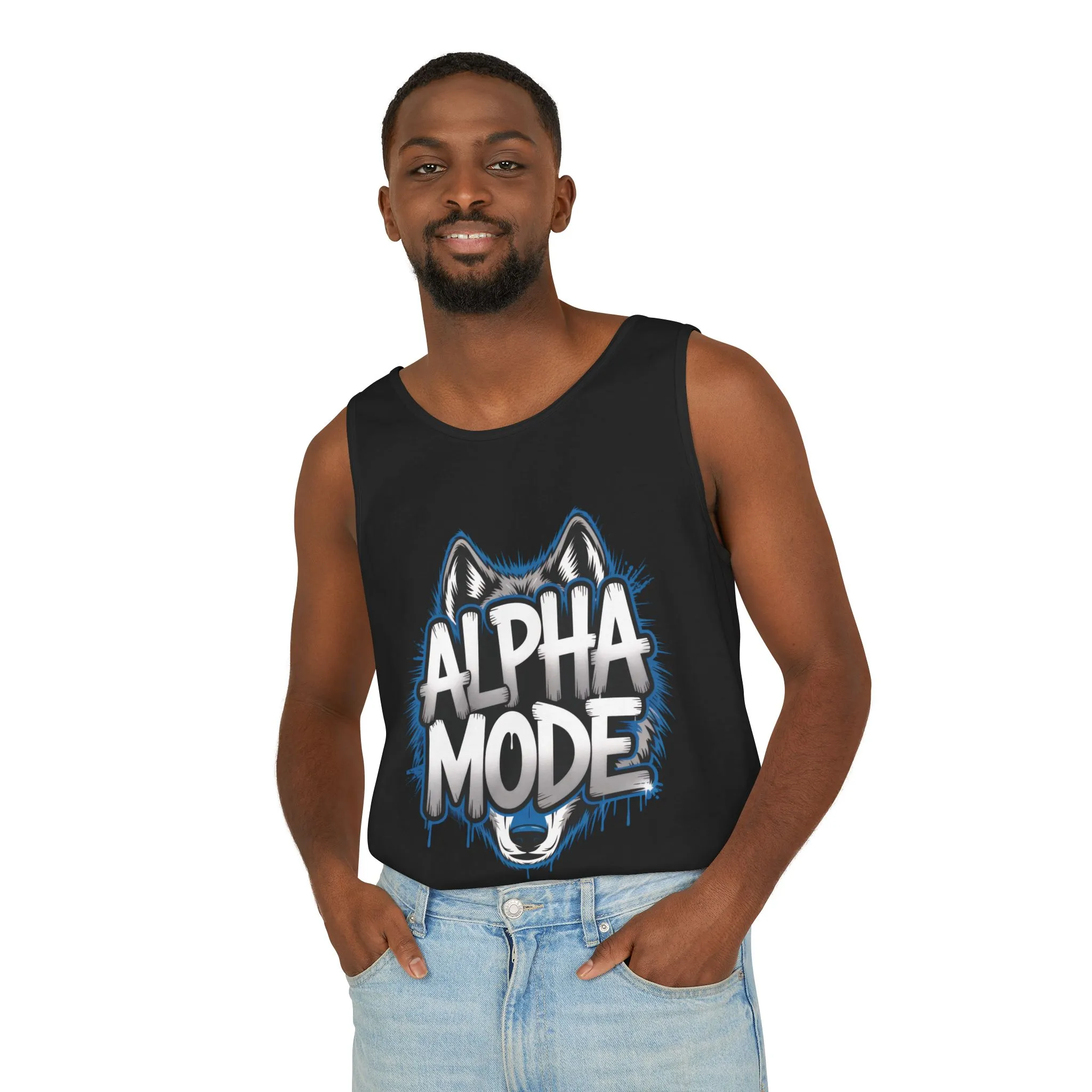 Mens Garment-Dyed Tank Top, Alpha Mode Wolf Graphic Mens Tank Top Gym Wear - Image 39