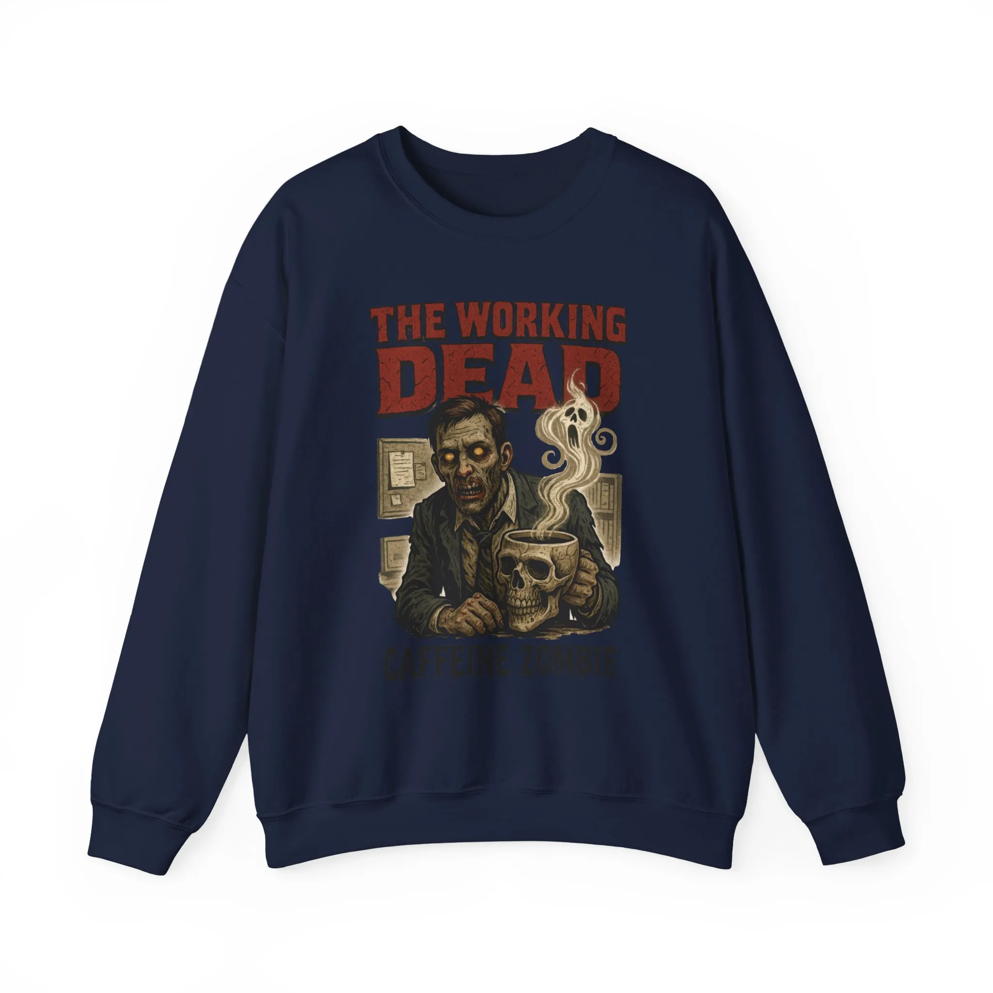 The Working Dead Men's Funny Zombie Sweatshirt, Office Humor Crewneck, Halloween Zombie Top, Coffee Zombie Sweatshirt - Image 25